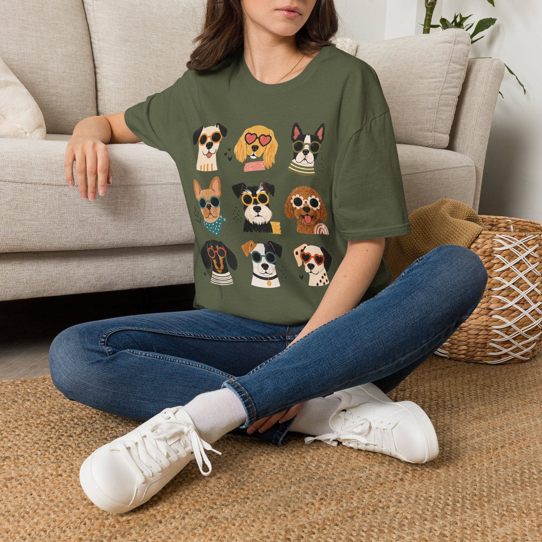 Cute Dog Faces T-Shirt — Grid of Cartoon Puppies Graphic Tee
