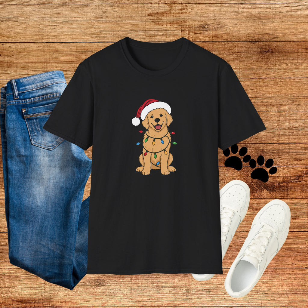 Christmas Golden Retriever T‑Shirt — Cute Dog in Santa Hat with Holiday Lights