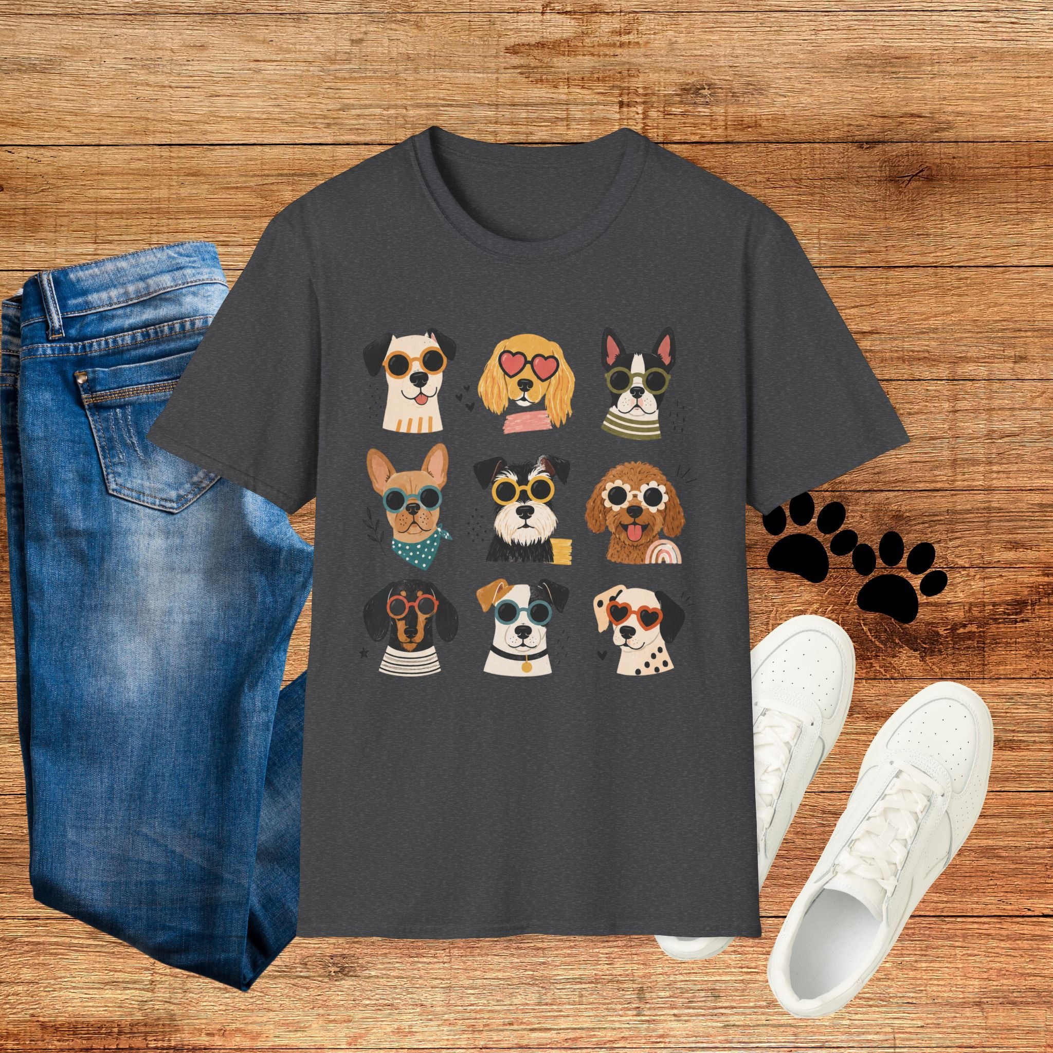 Cute Dog Faces T-Shirt — Grid of Cartoon Puppies Graphic Tee