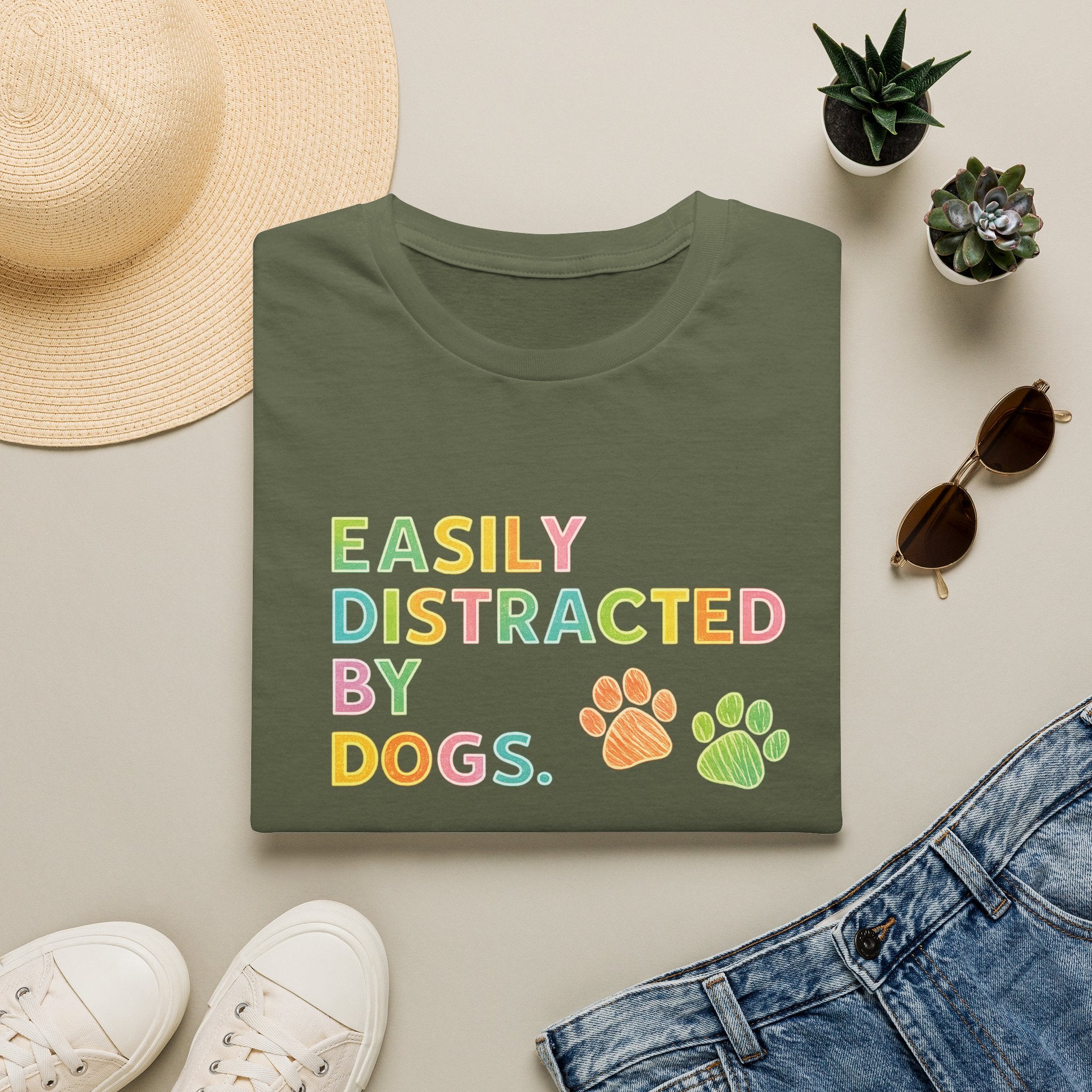 Easily Distracted By Dogs T-Shirt — Cute Colorful Paw Print Tee for Dog Lovers