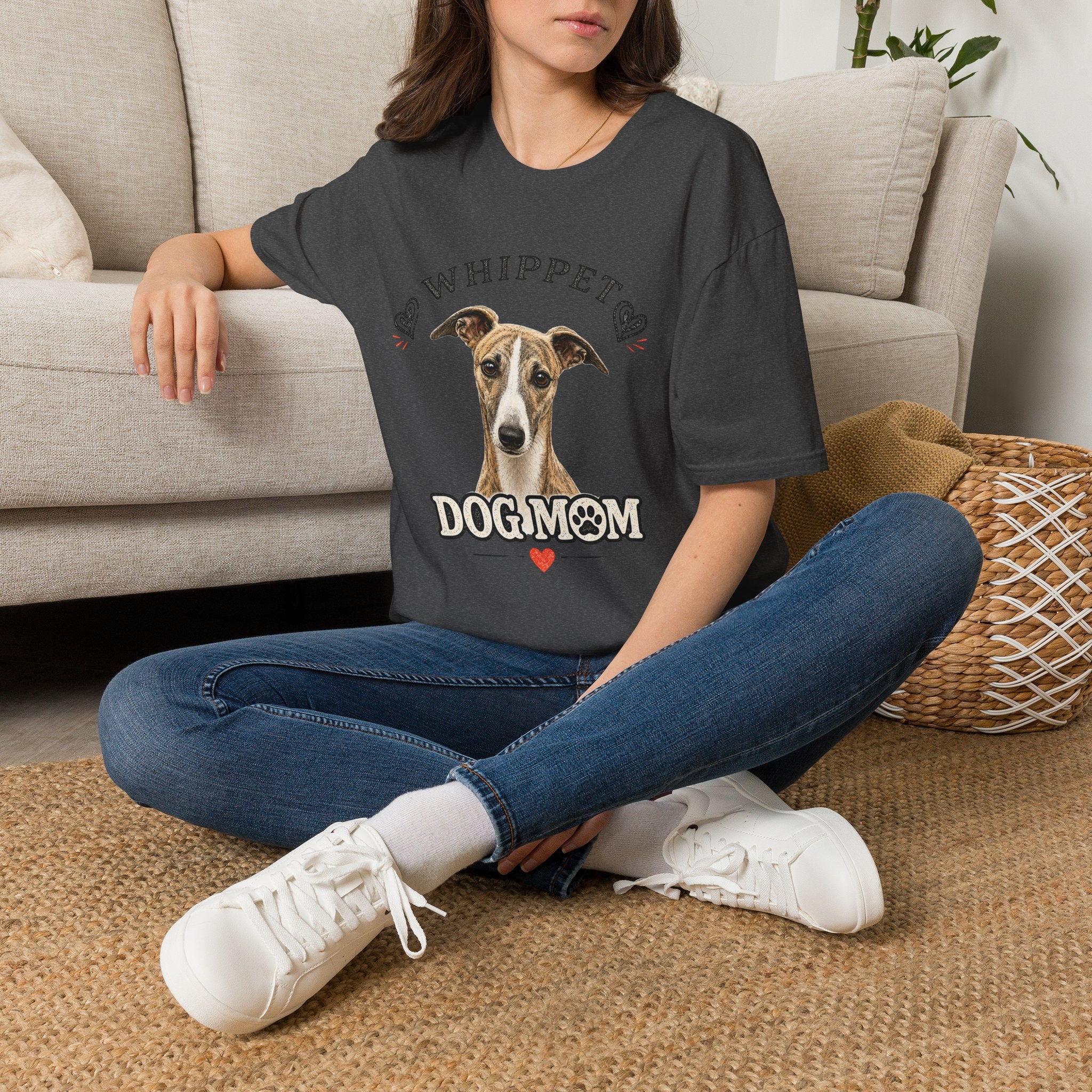 Whippet Dog Mom T-Shirt — Cute Whippet Portrait & Heart Graphic