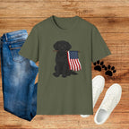 Black Labrador Holding American Flag T-Shirt – Patriotic Dog Tee for 4th of July
