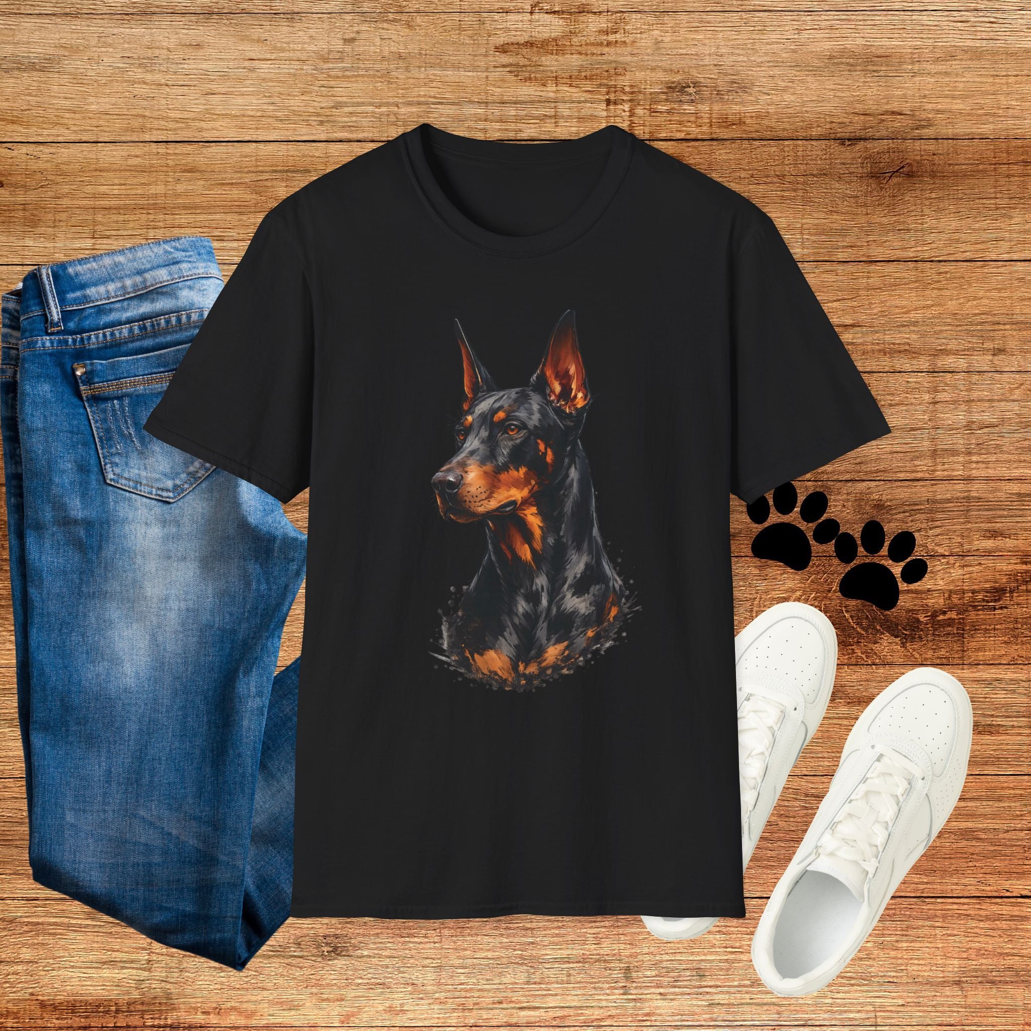 Doberman Portrait T‑Shirt — Realistic Dog Art Tee for Pet Lovers