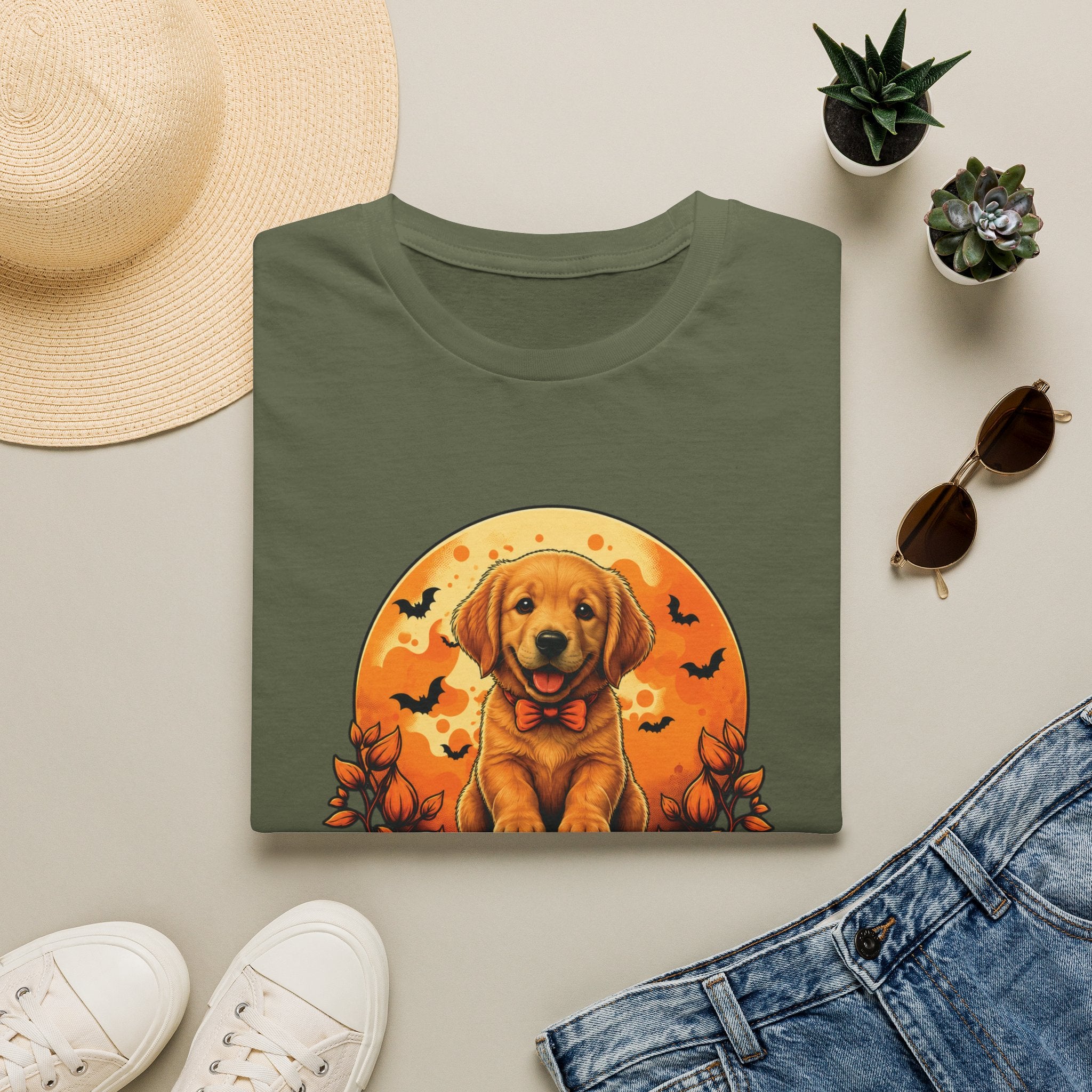 Halloween Pumpkin Puppy T-Shirt — Cute Golden Retriever with Bats & Bowtie