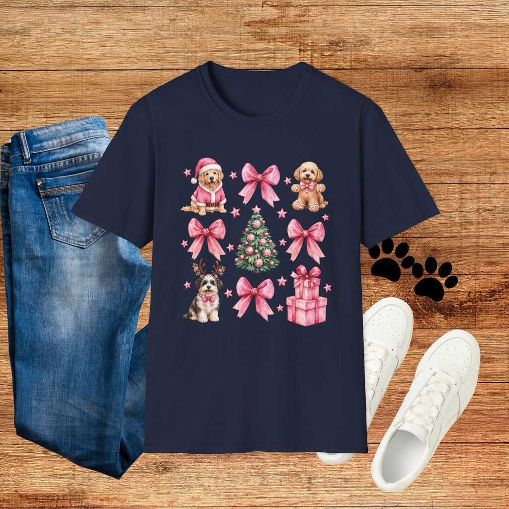 Christmas Puppies Graphic T-Shirt — Pink Bows & Tree Holiday Tee