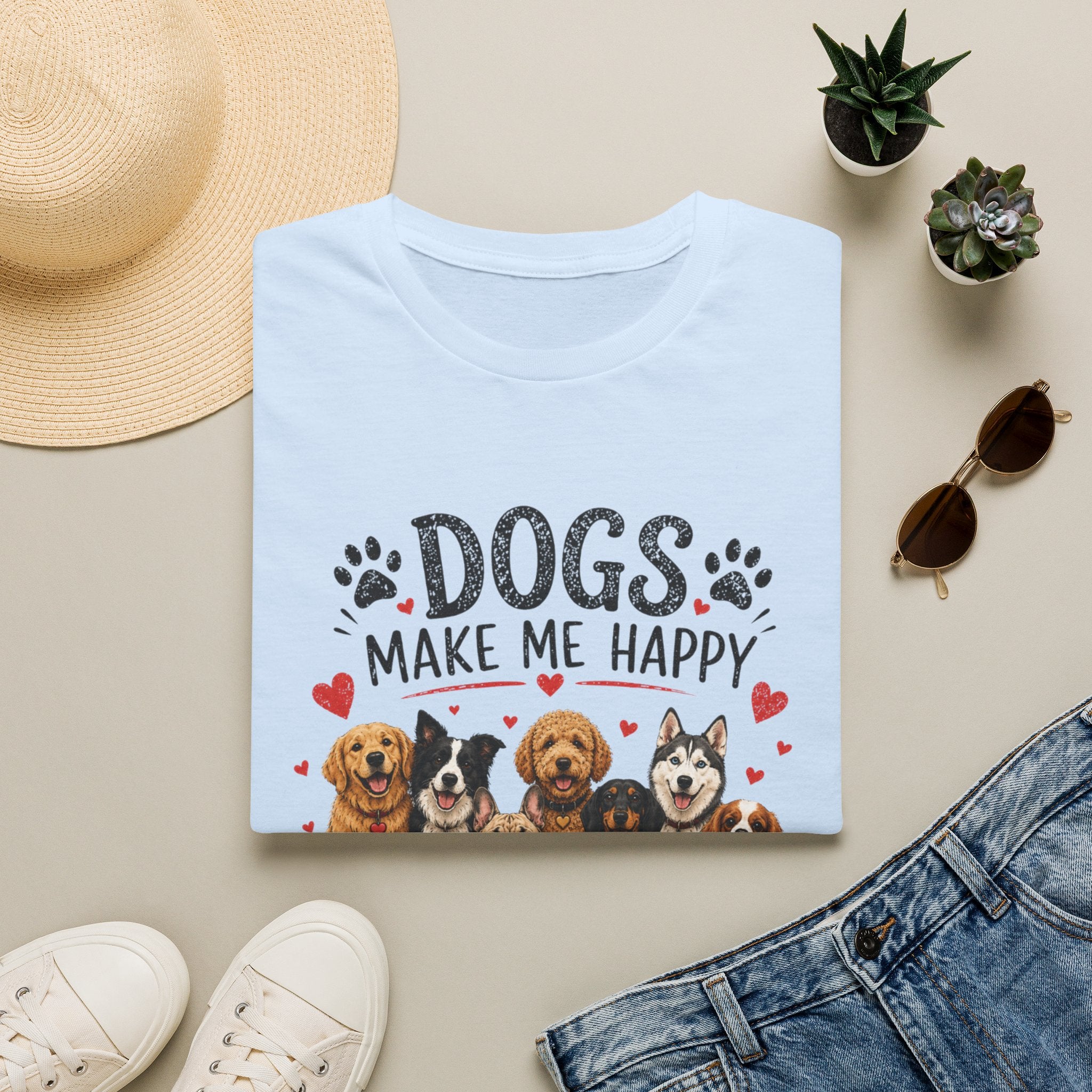 Dogs Make Me Happy T-Shirt — Cute Paw Print & Dog Breed Graphic Tee