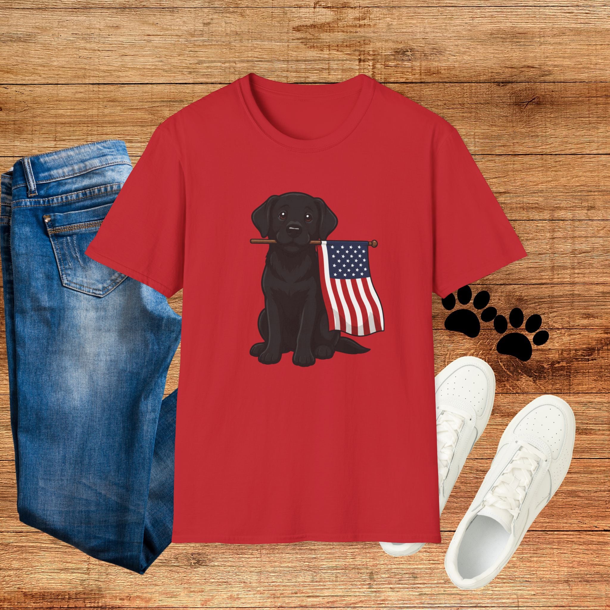 Black Labrador Holding American Flag T-Shirt – Patriotic Dog Tee for 4th of July