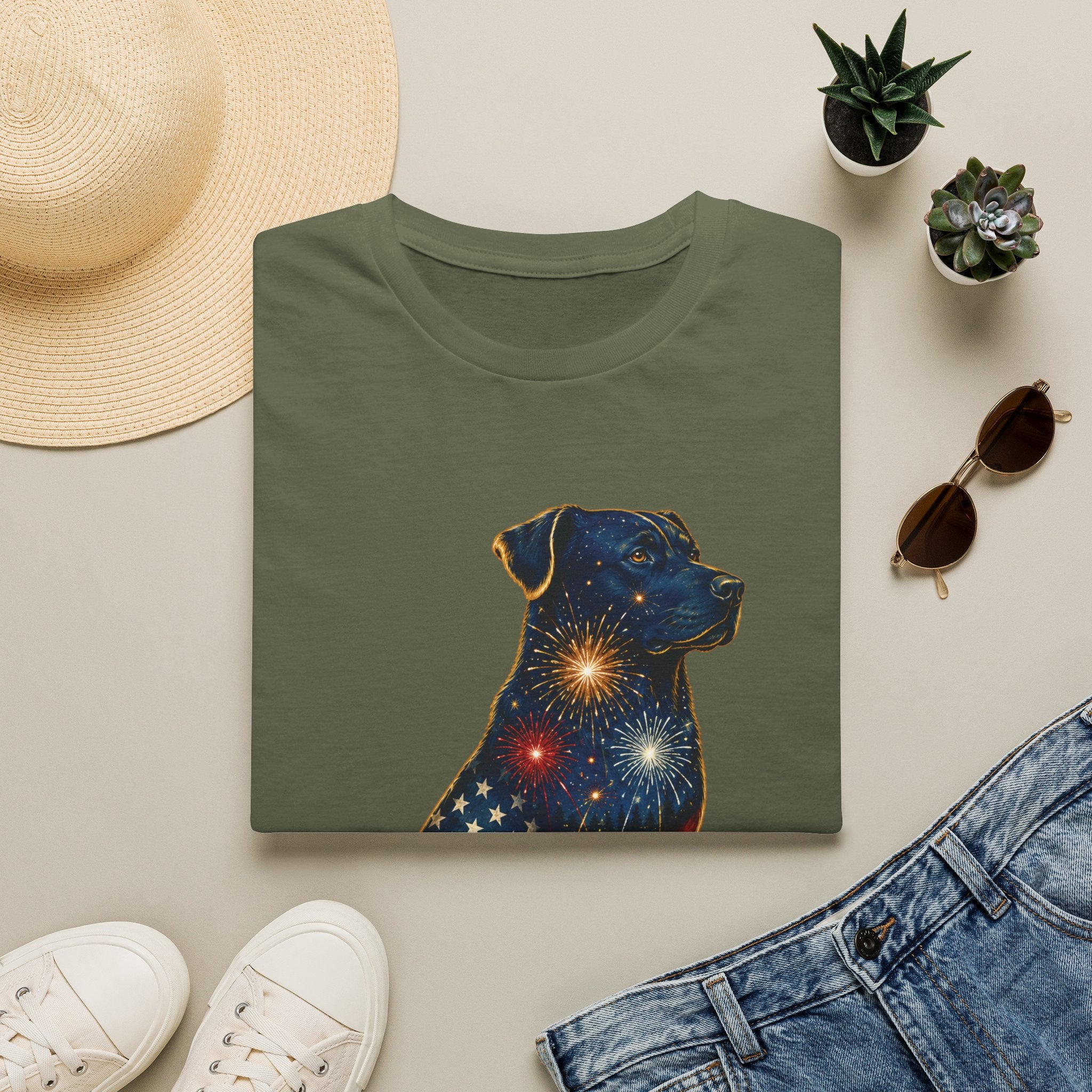 Patriotic Fireworks Dog T-Shirt — American Flag Labrador Graphic Tee