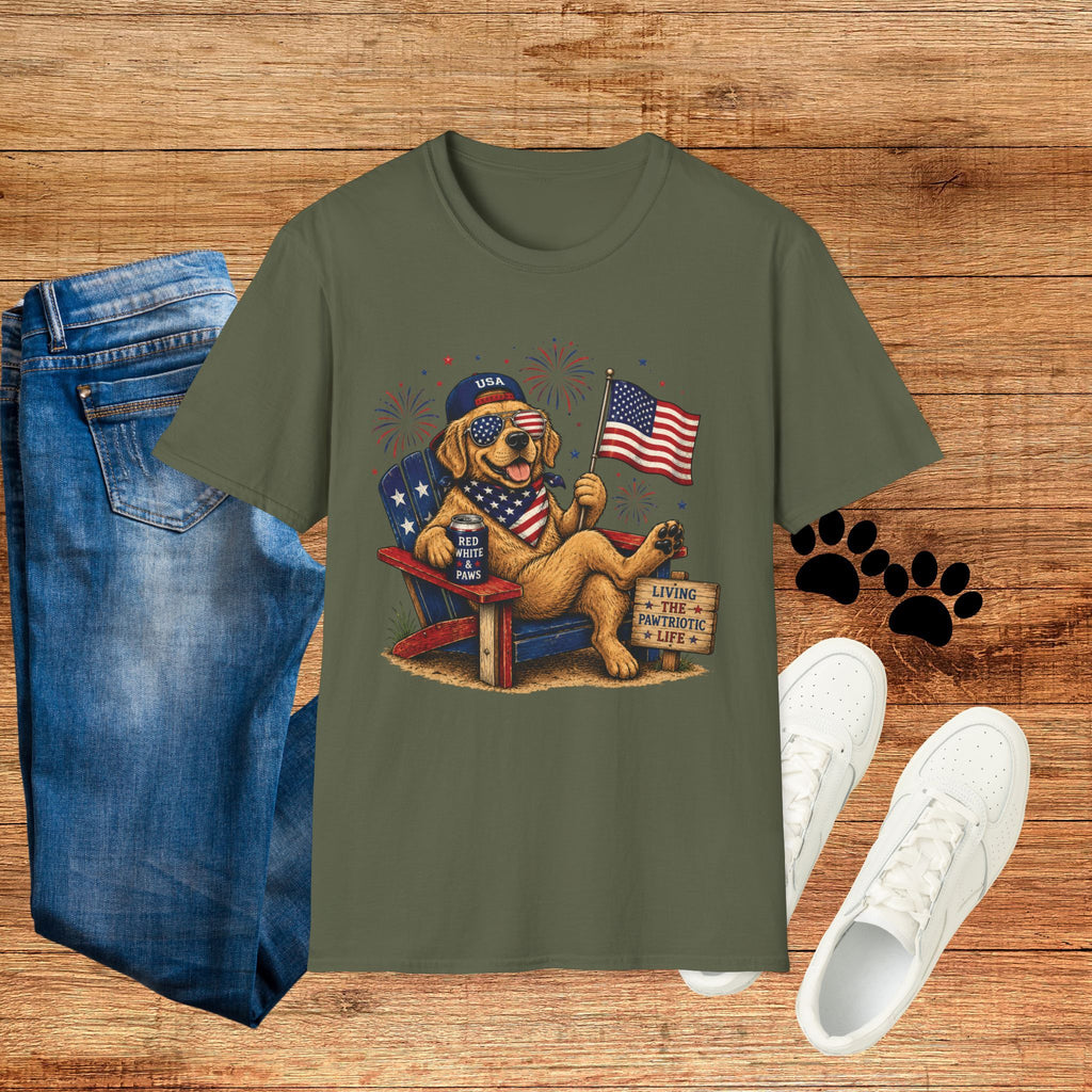 Patriotic Golden Retriever T-Shirt — USA Flag, Sunglasses & Fireworks