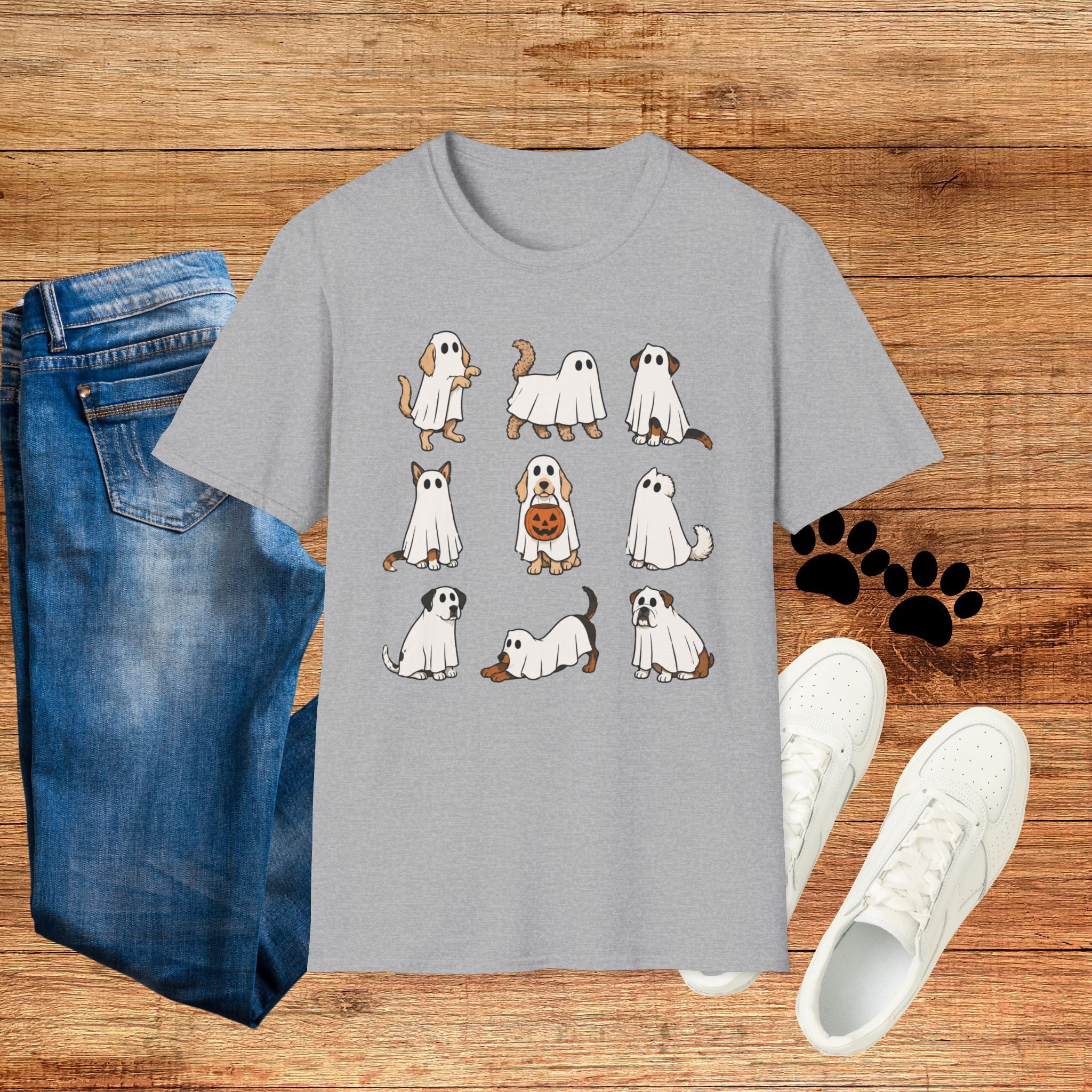 Ghost Dogs Halloween T-Shirt — Cute Puppy Ghosts with Pumpkin Design