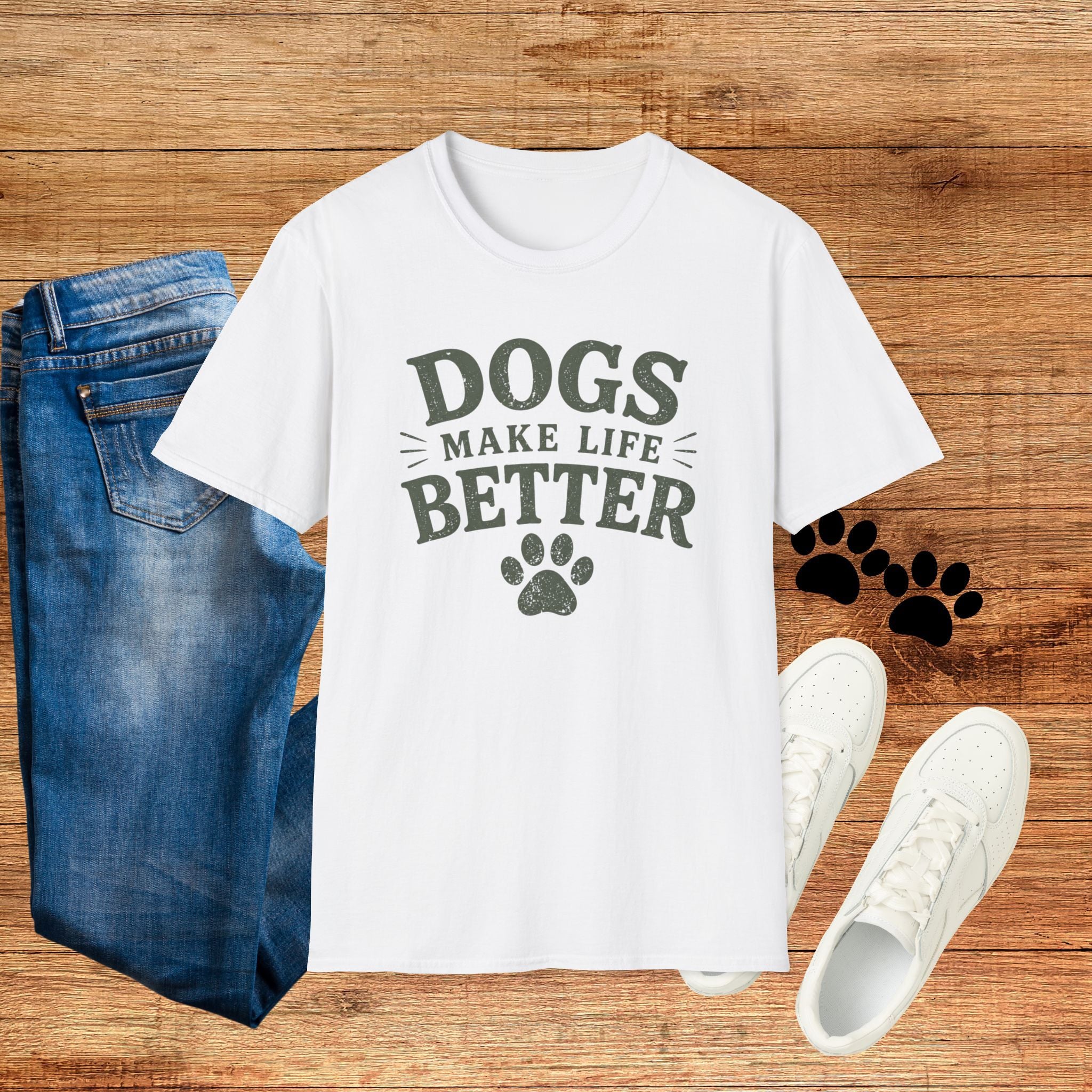 Dogs Make Life Better T-Shirt — Paw Print Dog Lover Tee