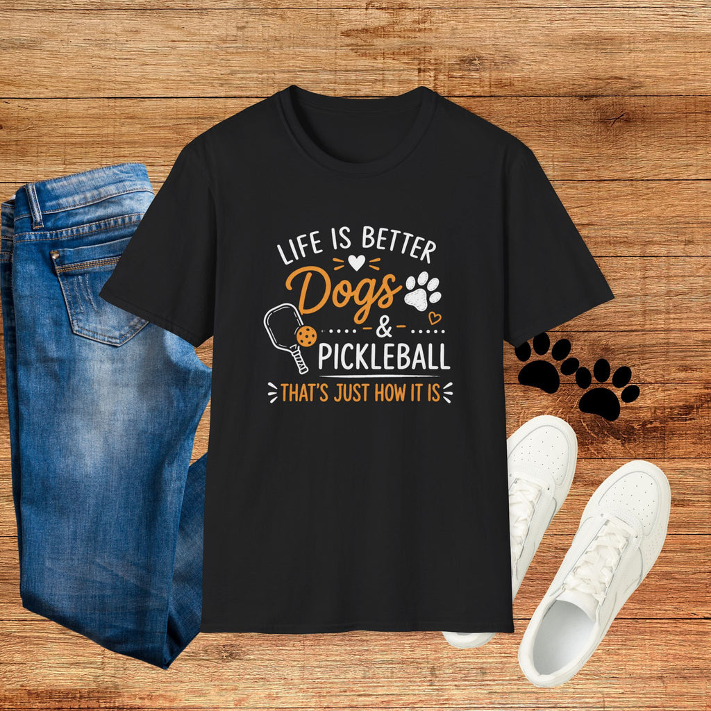 Life Is Better Dogs & Pickleball T-Shirt — Funny Dog Lover Pickleball Tee
