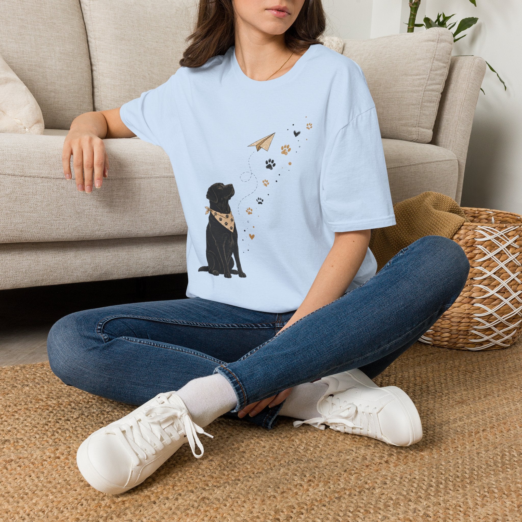 Dog Paw & Paper Airplane T-Shirt — Cute Black Dog Graphic Tee