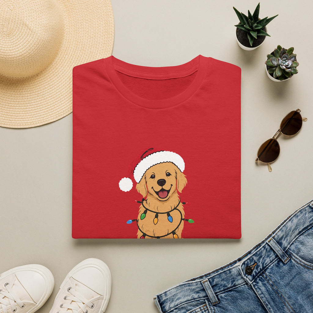 Christmas Golden Retriever T‑Shirt — Cute Dog in Santa Hat with Holiday Lights