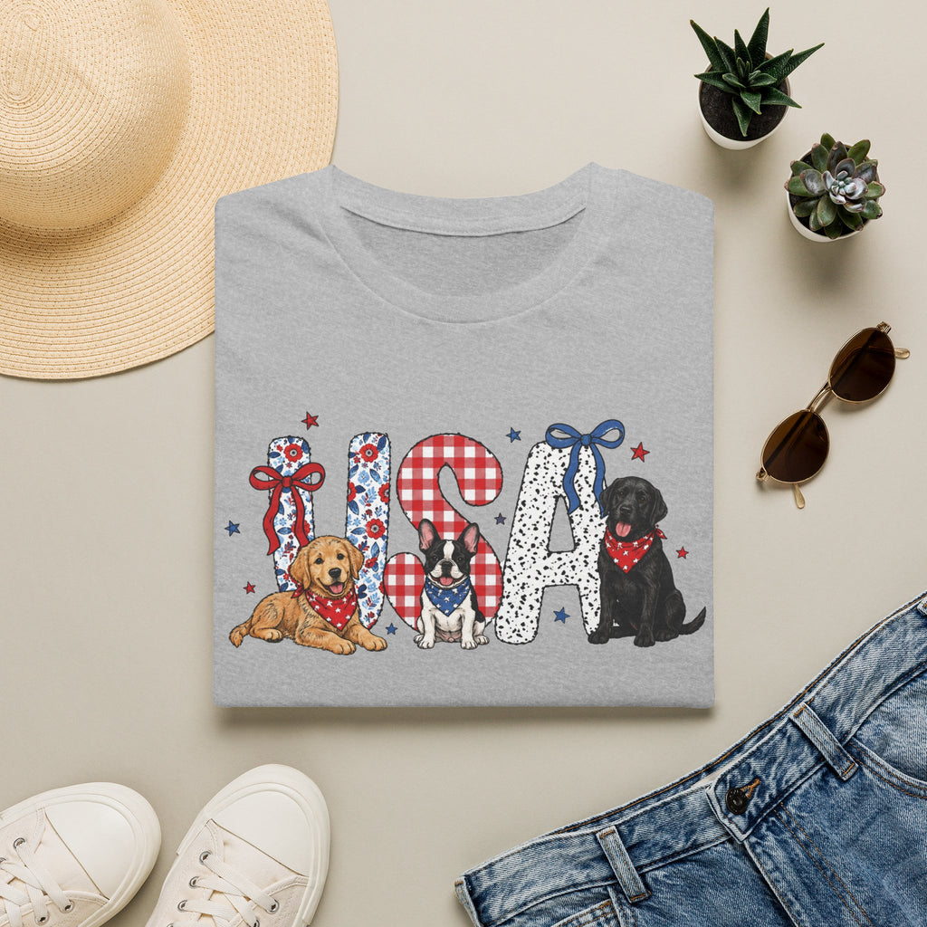 USA Patriotic Dog T-Shirt — Red White Blue Lettering with Labrador & Puppy Design