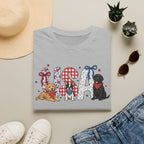 USA Patriotic Dog T-Shirt — Red White Blue Lettering with Labrador & Puppy Design