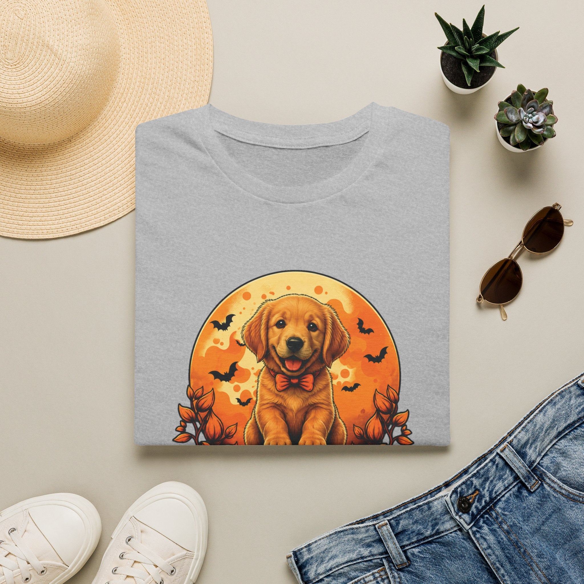 Halloween Pumpkin Puppy T-Shirt — Cute Golden Retriever with Bats & Bowtie