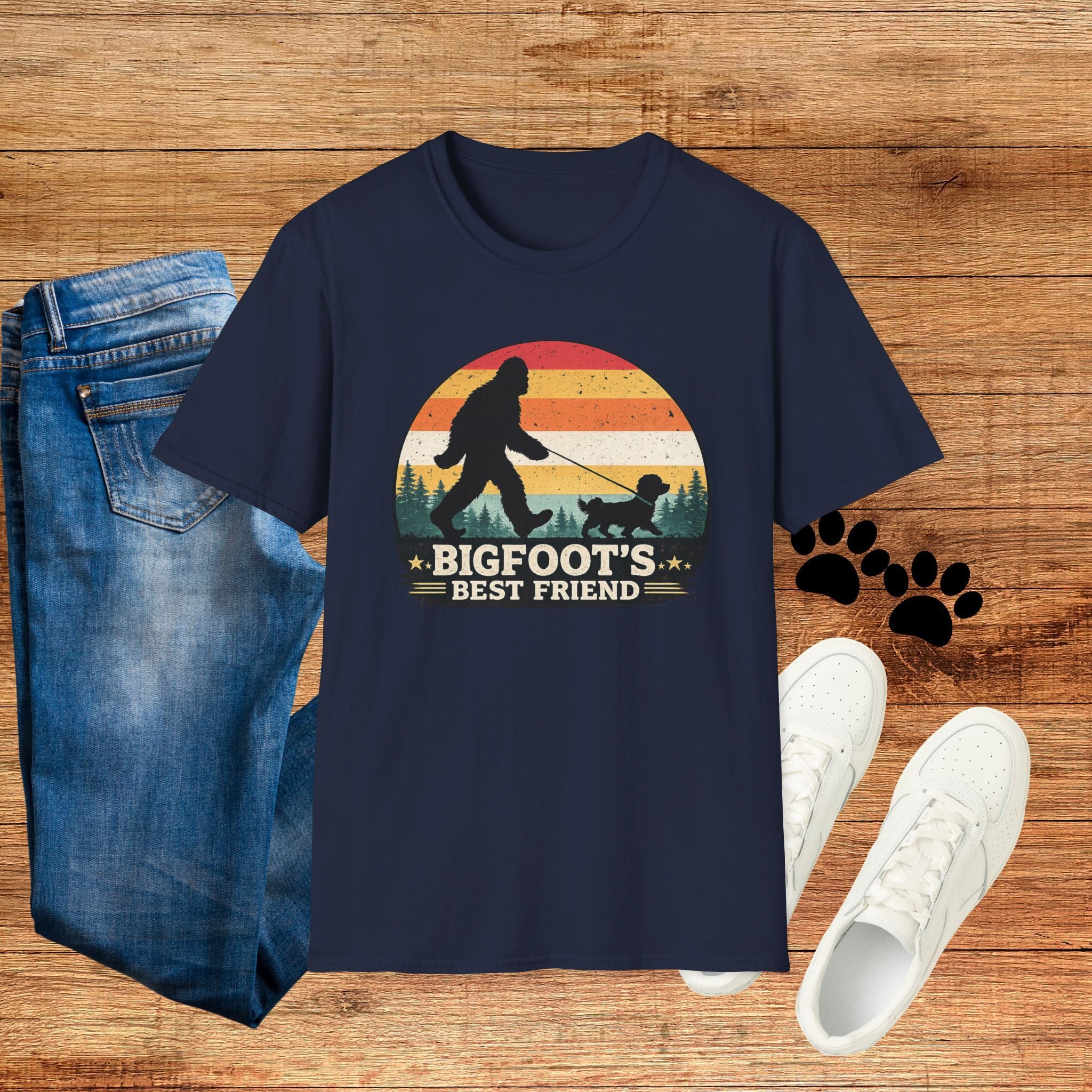 Bigfoot's Best Friend Retro Sunset Tee