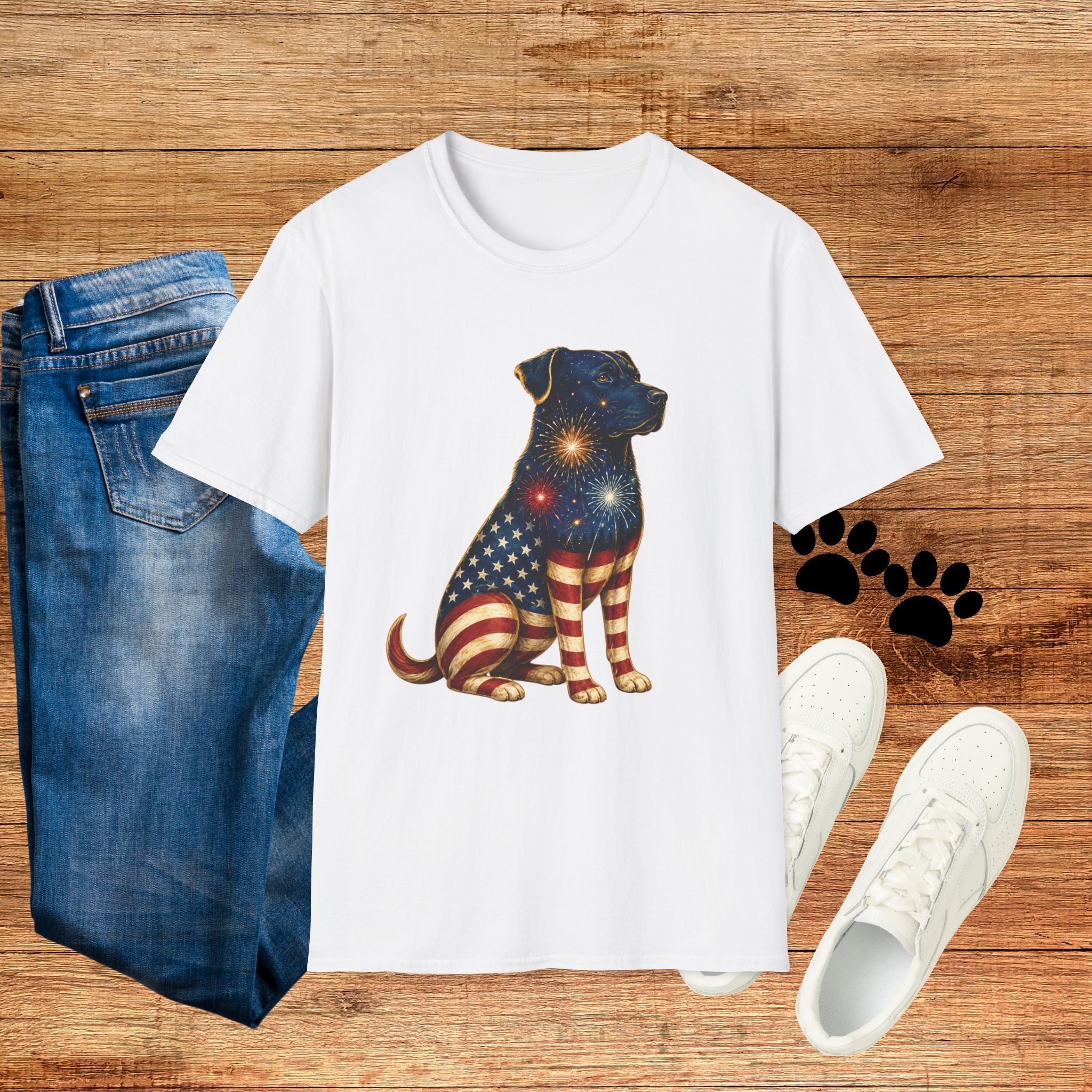 Patriotic Fireworks Dog T-Shirt — American Flag Labrador Graphic Tee