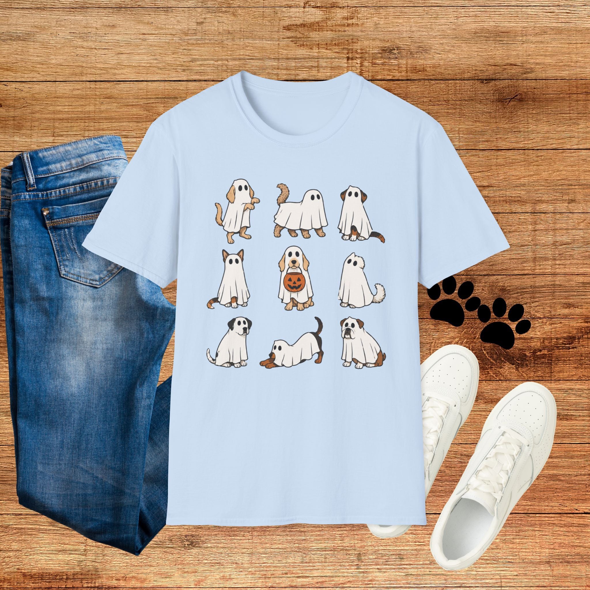 Ghost Dogs Halloween T-Shirt — Cute Puppy Ghosts with Pumpkin Design
