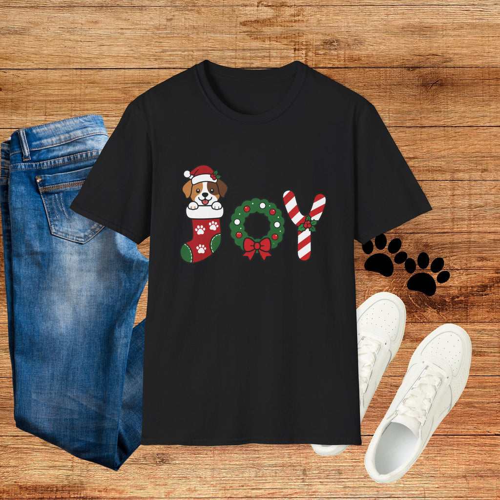 Christmas Joy Dog T-Shirt — Cute Puppy in Stocking & Candy Cane Holiday Tee