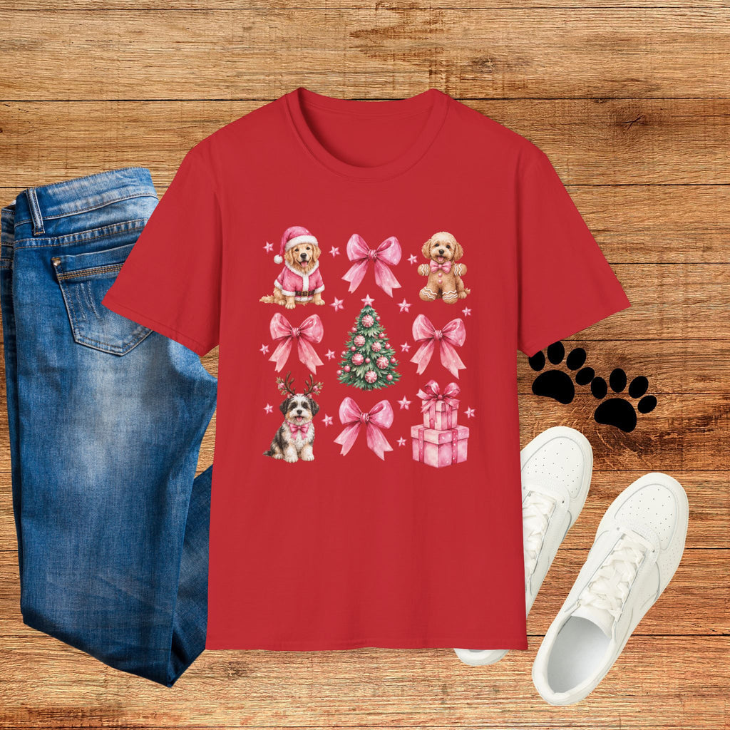 Christmas Puppies Graphic T-Shirt — Pink Bows & Tree Holiday Tee
