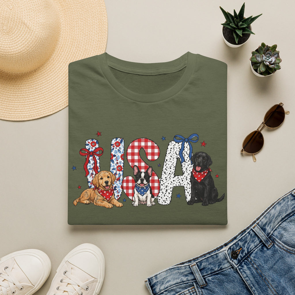 USA Patriotic Dog T-Shirt — Red White Blue Lettering with Labrador & Puppy Design