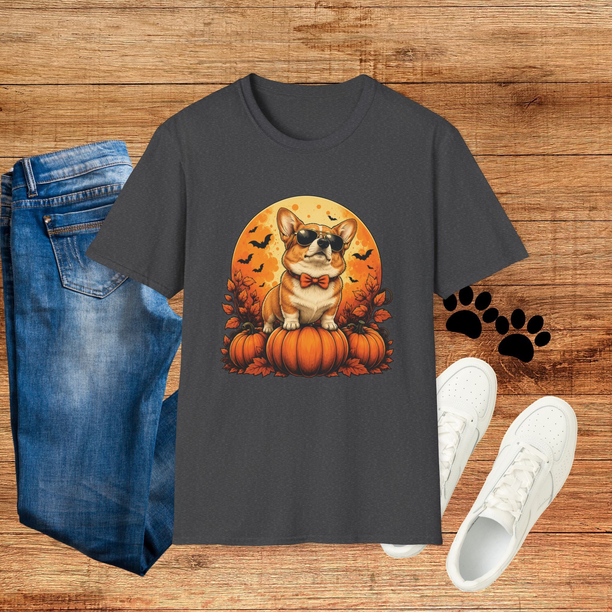 Halloween Corgi Tee — Cool Sunglasses Dog on Pumpkin Graphic T-Shirt
