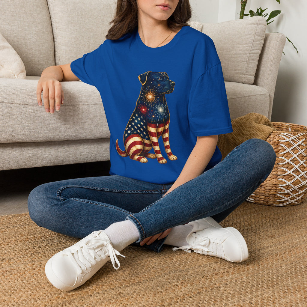Patriotic Fireworks Dog T-Shirt — American Flag Labrador Graphic Tee