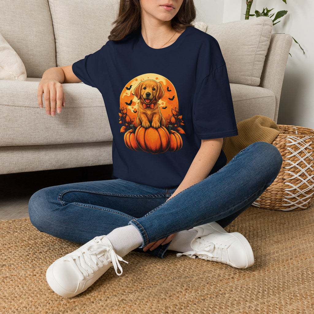Halloween Pumpkin Puppy T-Shirt — Cute Golden Retriever with Bats & Bowtie