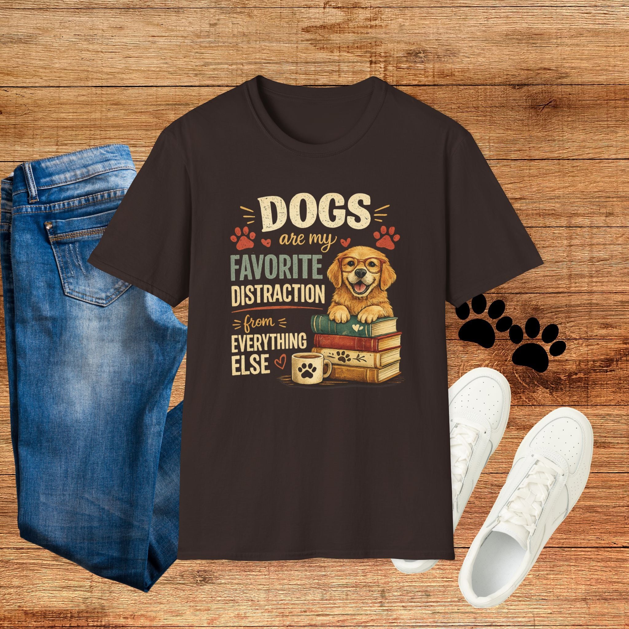 Dogs Are My Favorite Distraction T-Shirt – Cute Golden Retriever Paw Print Tee