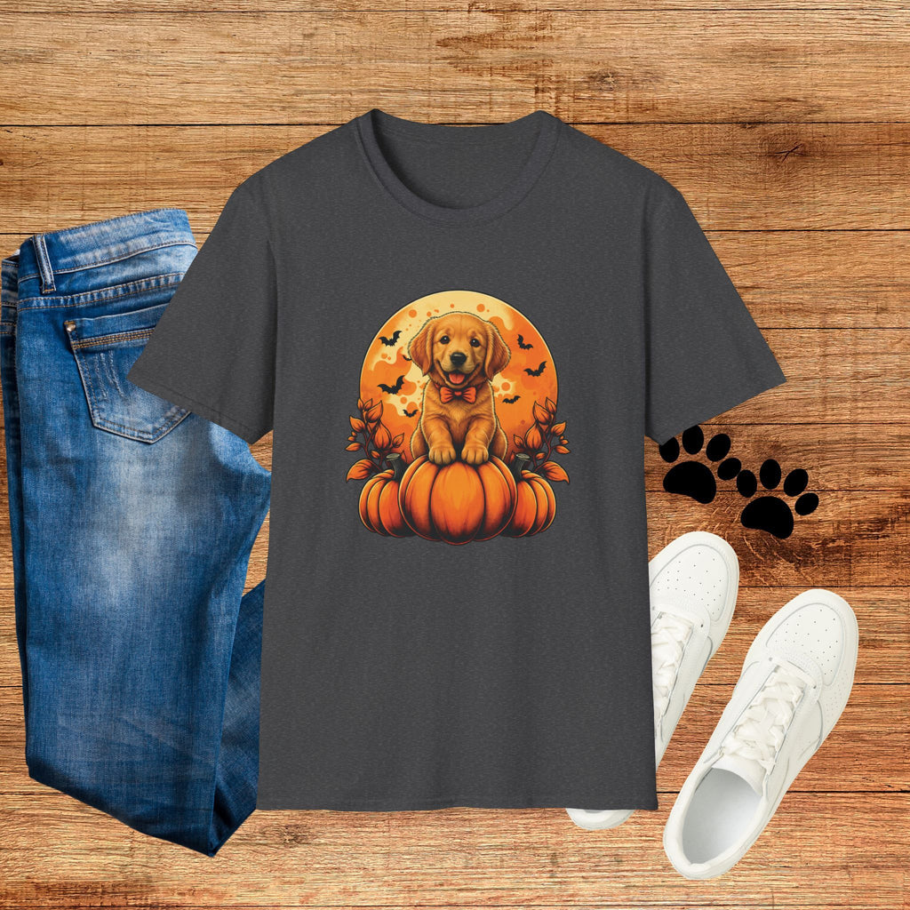 Halloween Pumpkin Puppy T-Shirt — Cute Golden Retriever with Bats & Bowtie