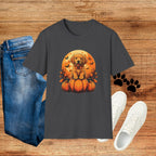 Halloween Pumpkin Puppy T-Shirt — Cute Golden Retriever with Bats & Bowtie
