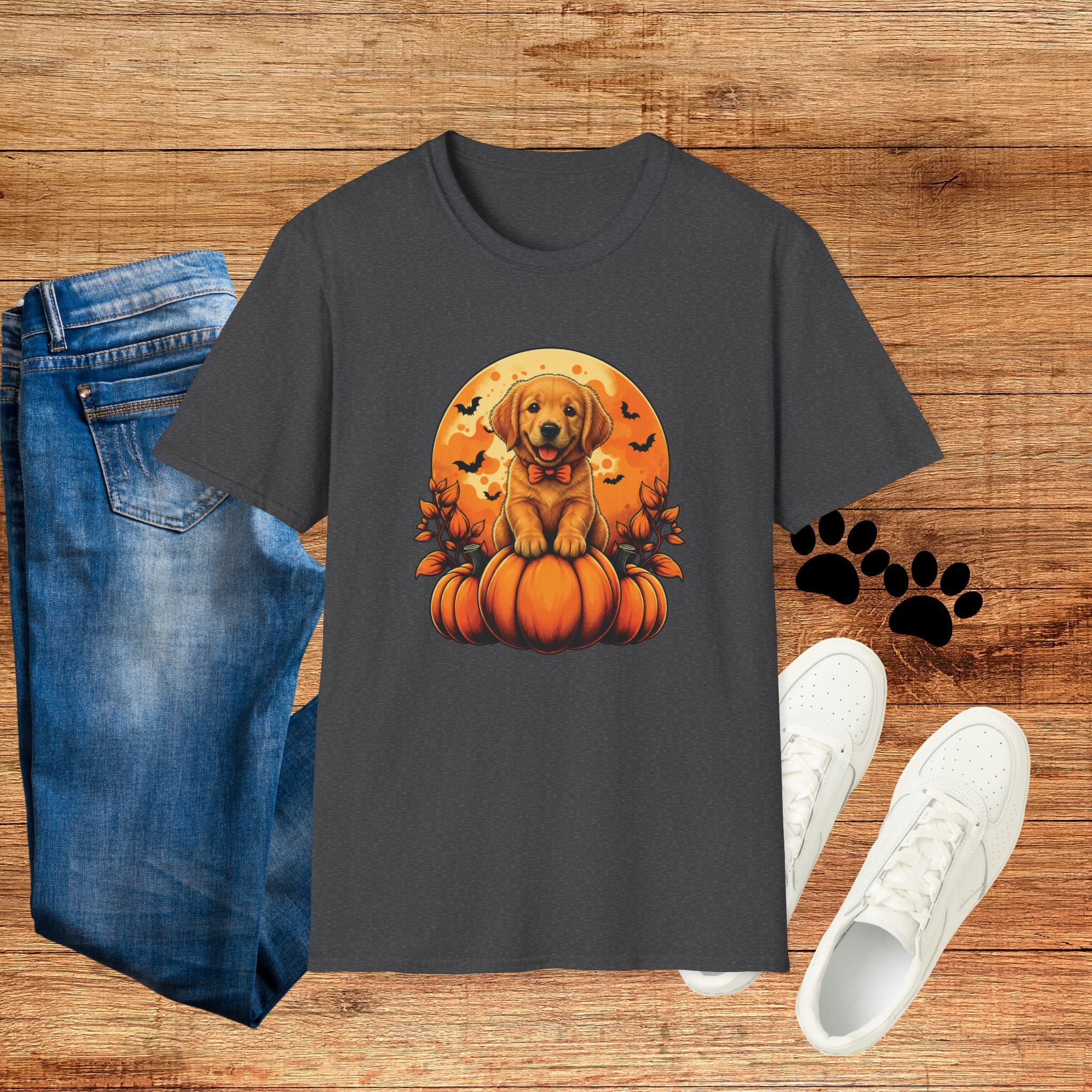 Halloween Pumpkin Puppy T-Shirt — Cute Golden Retriever with Bats & Bowtie