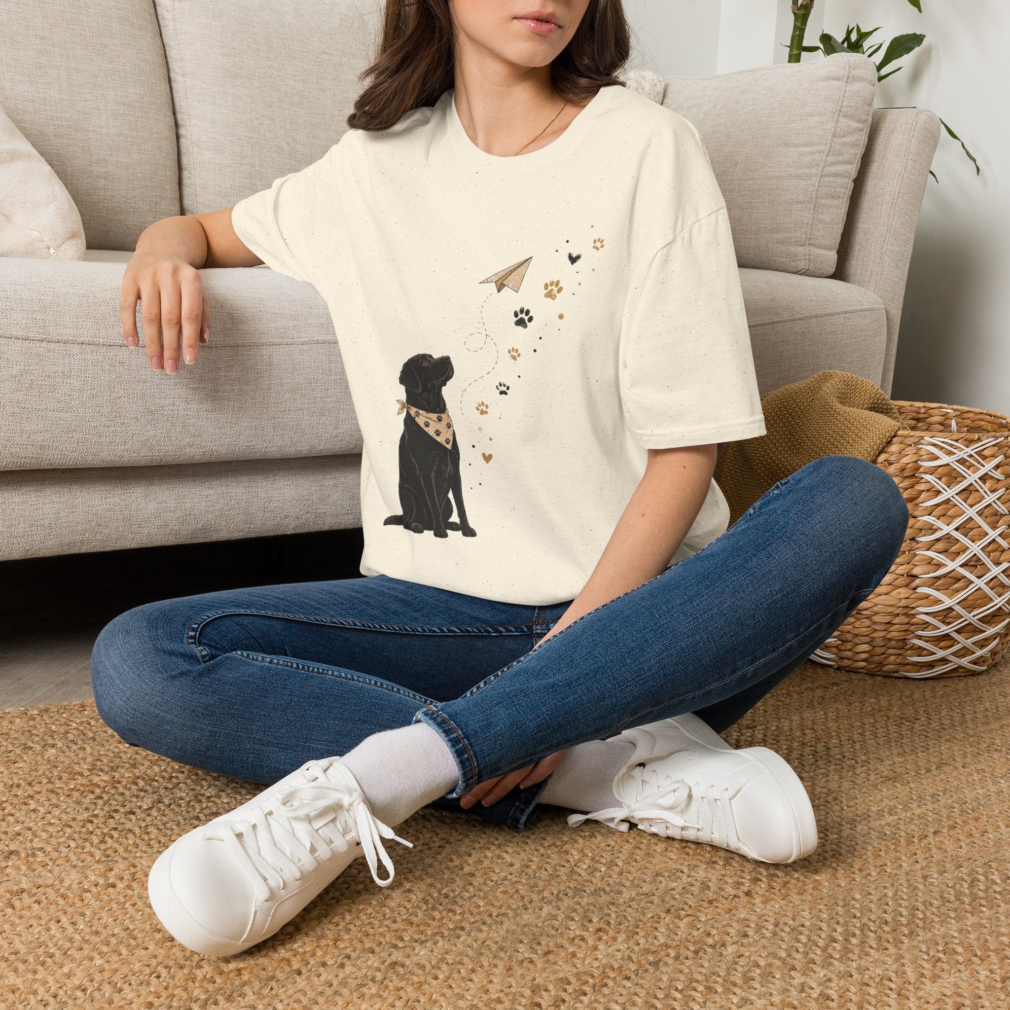 Dog Paw & Paper Airplane T-Shirt — Cute Black Dog Graphic Tee