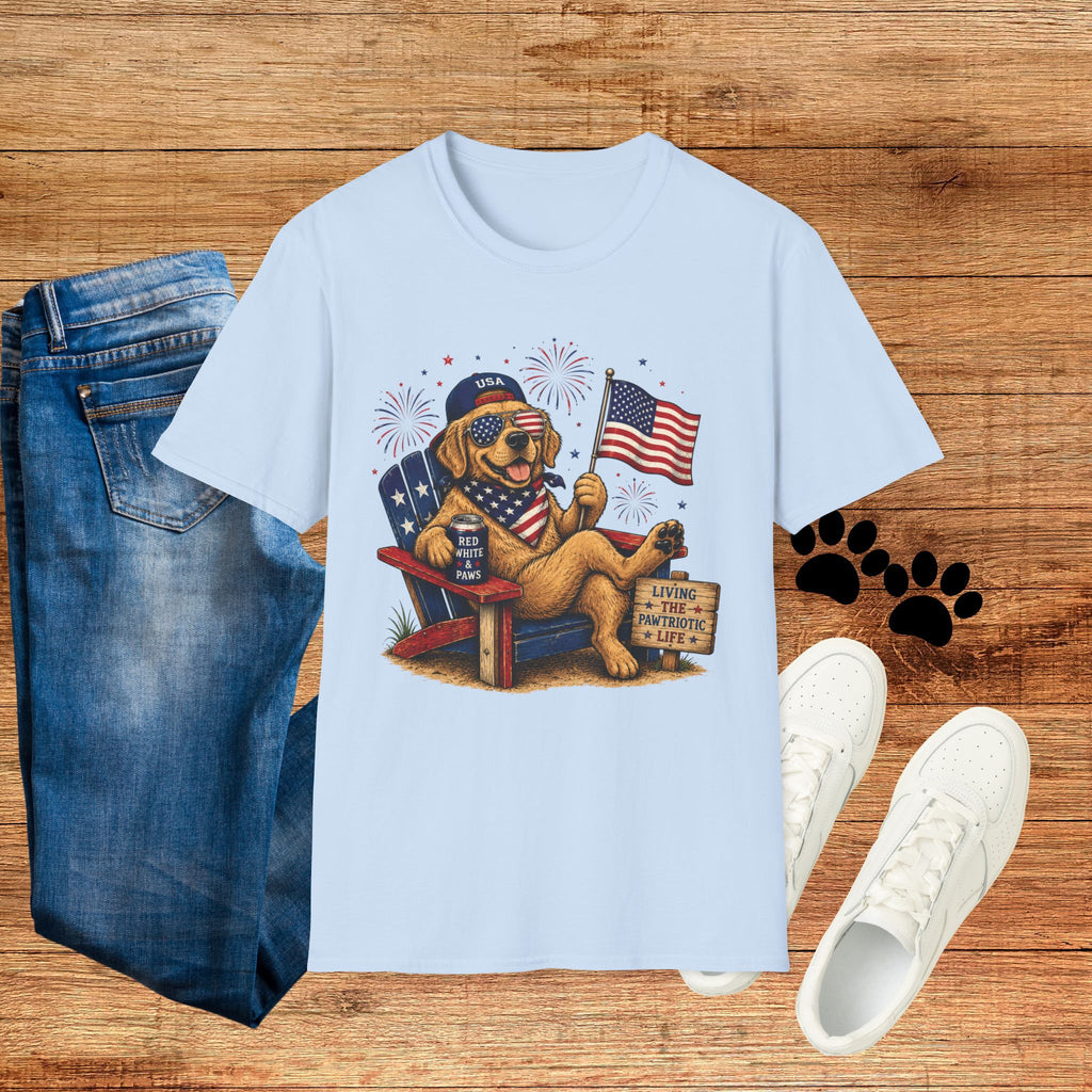 Patriotic Golden Retriever T-Shirt — USA Flag, Sunglasses & Fireworks