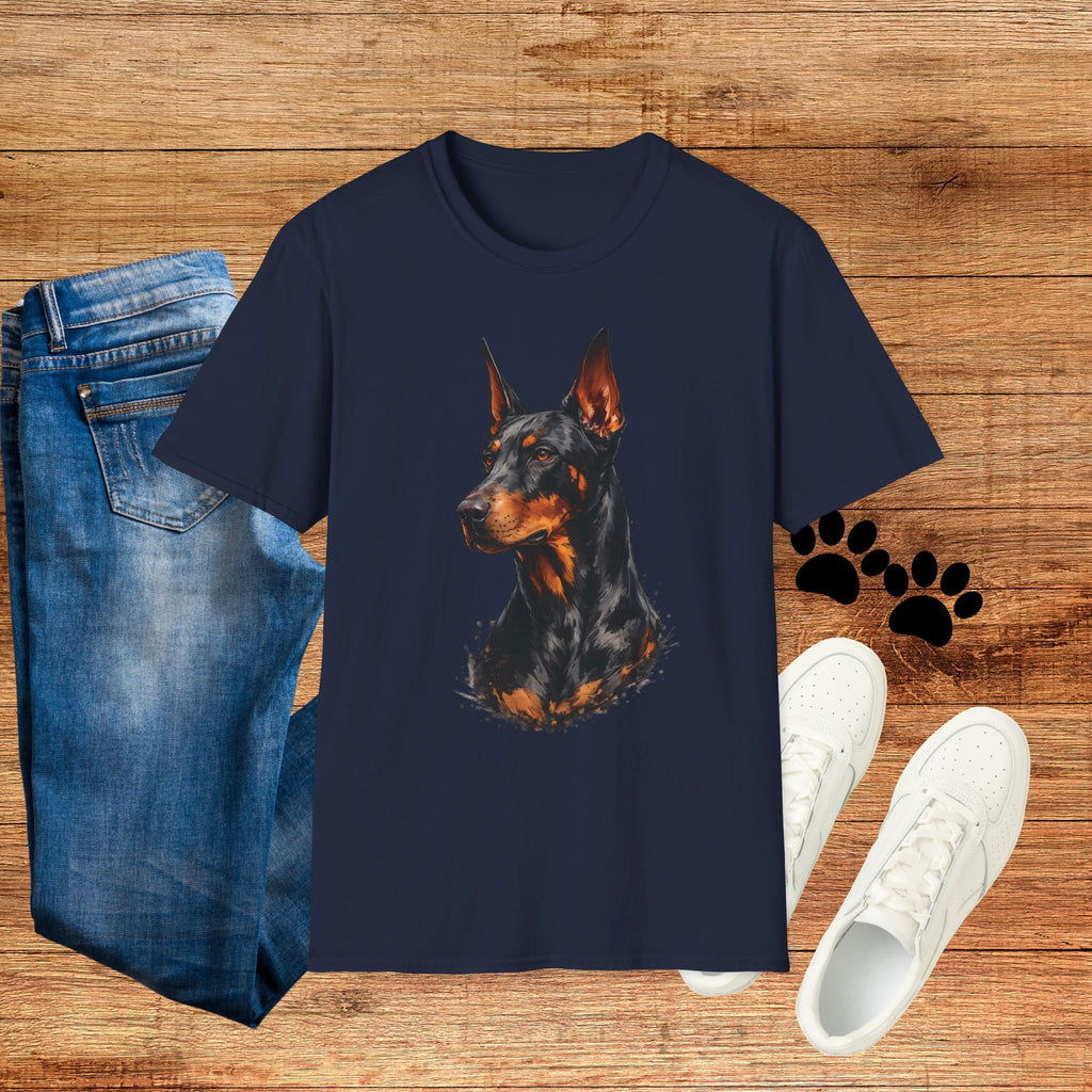 Doberman Portrait T‑Shirt — Realistic Dog Art Tee for Pet Lovers