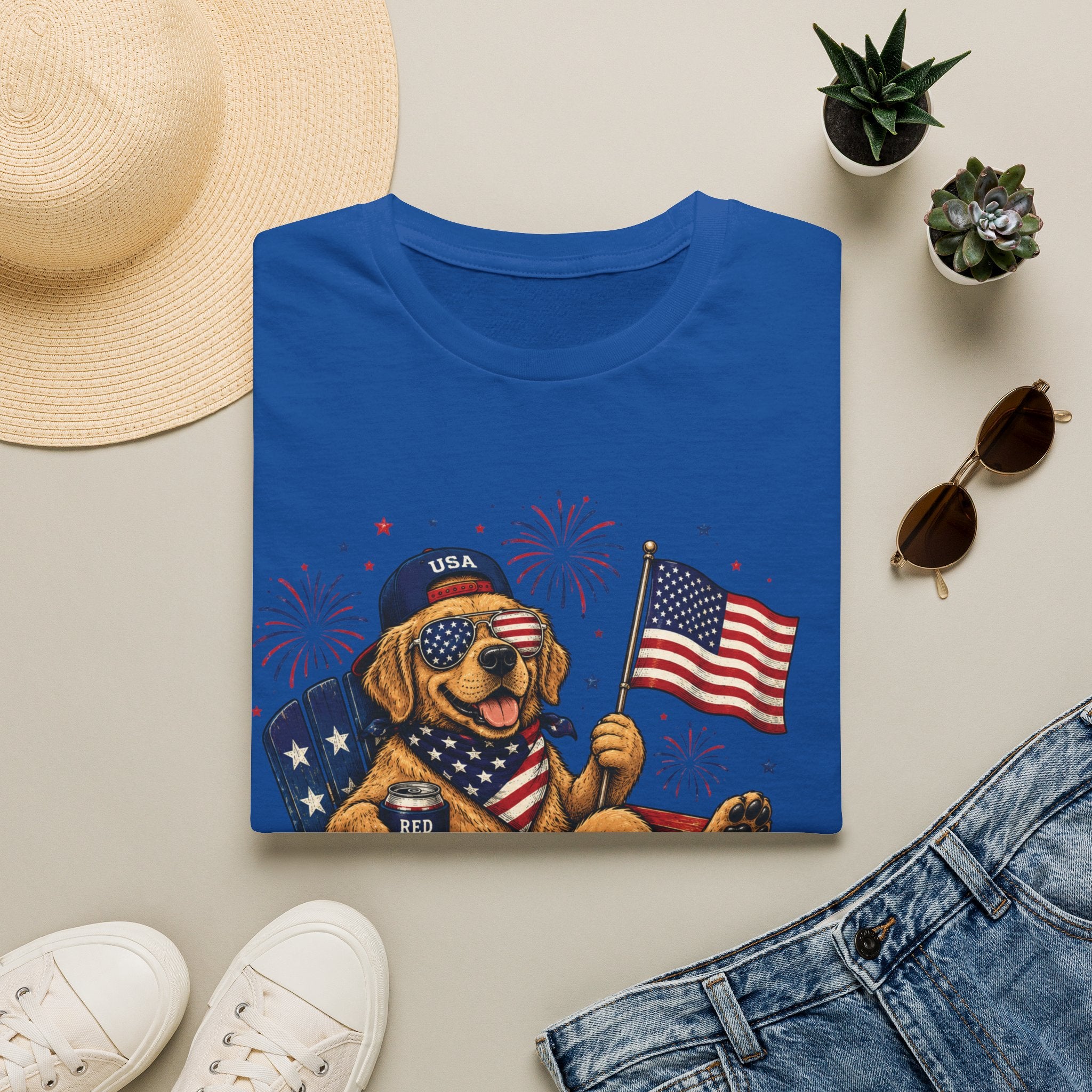 Patriotic Golden Retriever T-Shirt — USA Flag, Sunglasses & Fireworks