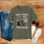 Faith Family Freedom T-Shirt — Cross & American Flag Patriotic Tee