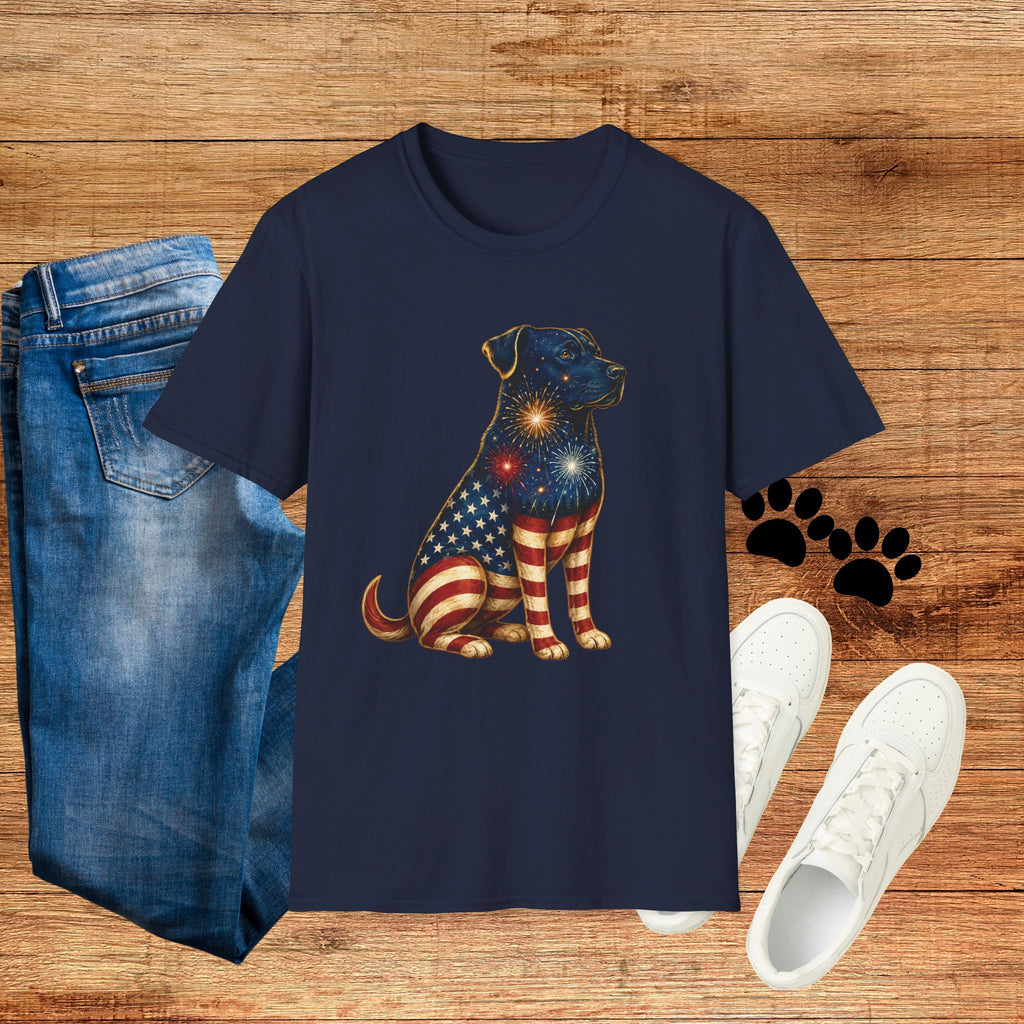 Patriotic Fireworks Dog T-Shirt — American Flag Labrador Graphic Tee