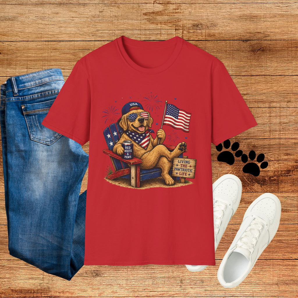Patriotic Golden Retriever T-Shirt — USA Flag, Sunglasses & Fireworks