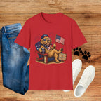 Patriotic Golden Retriever T-Shirt — USA Flag, Sunglasses & Fireworks
