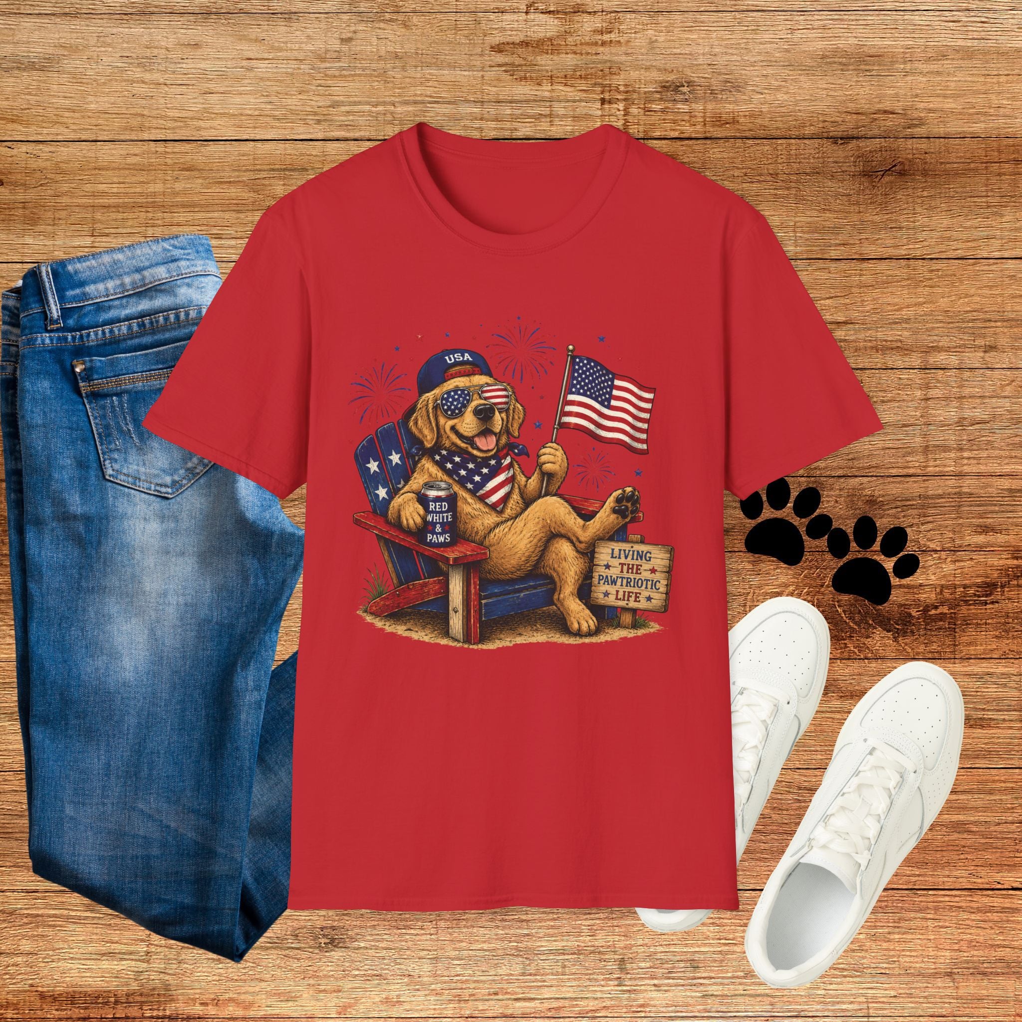 Patriotic Golden Retriever T-Shirt — USA Flag, Sunglasses & Fireworks