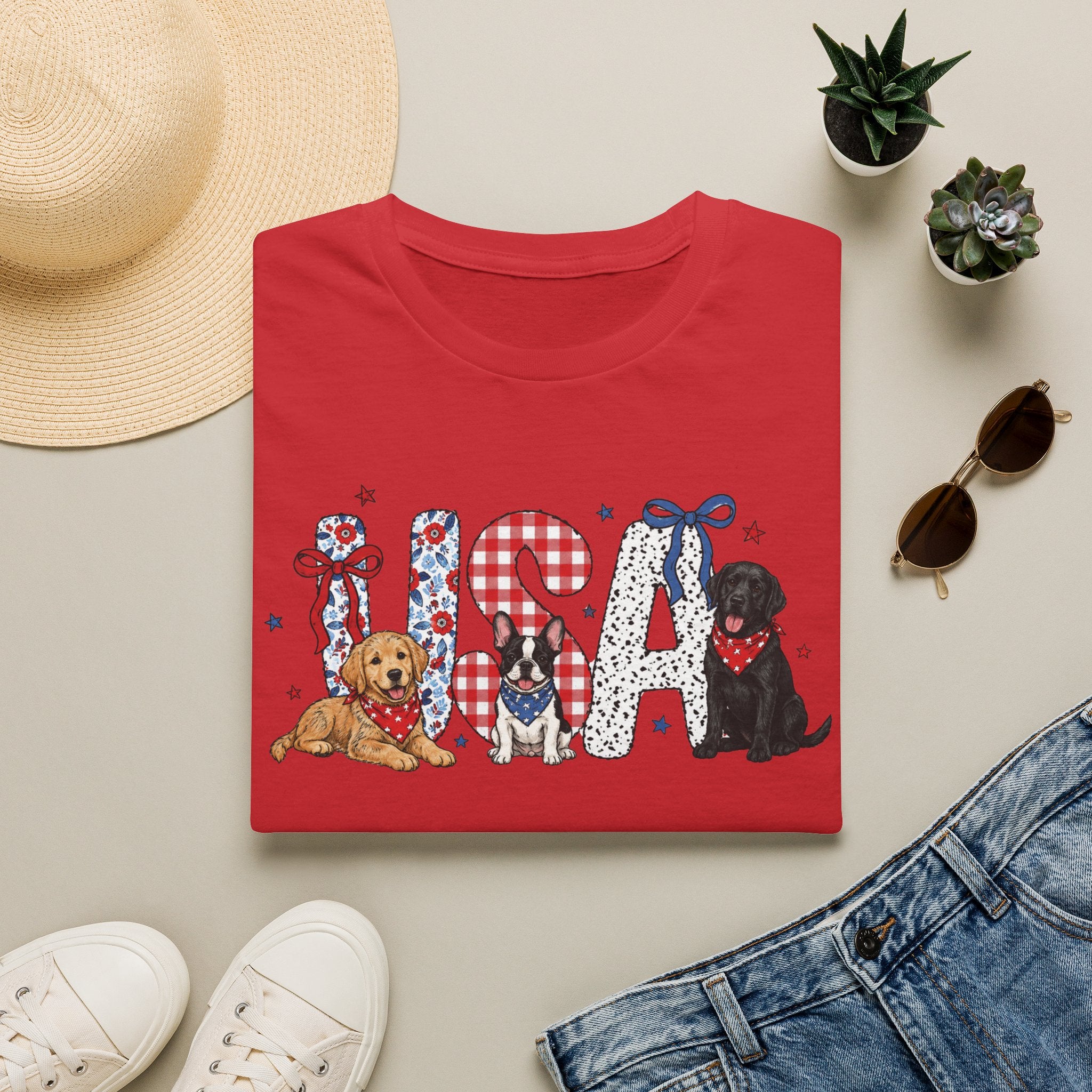 USA Patriotic Dog T-Shirt — Red White Blue Lettering with Labrador & Puppy Design