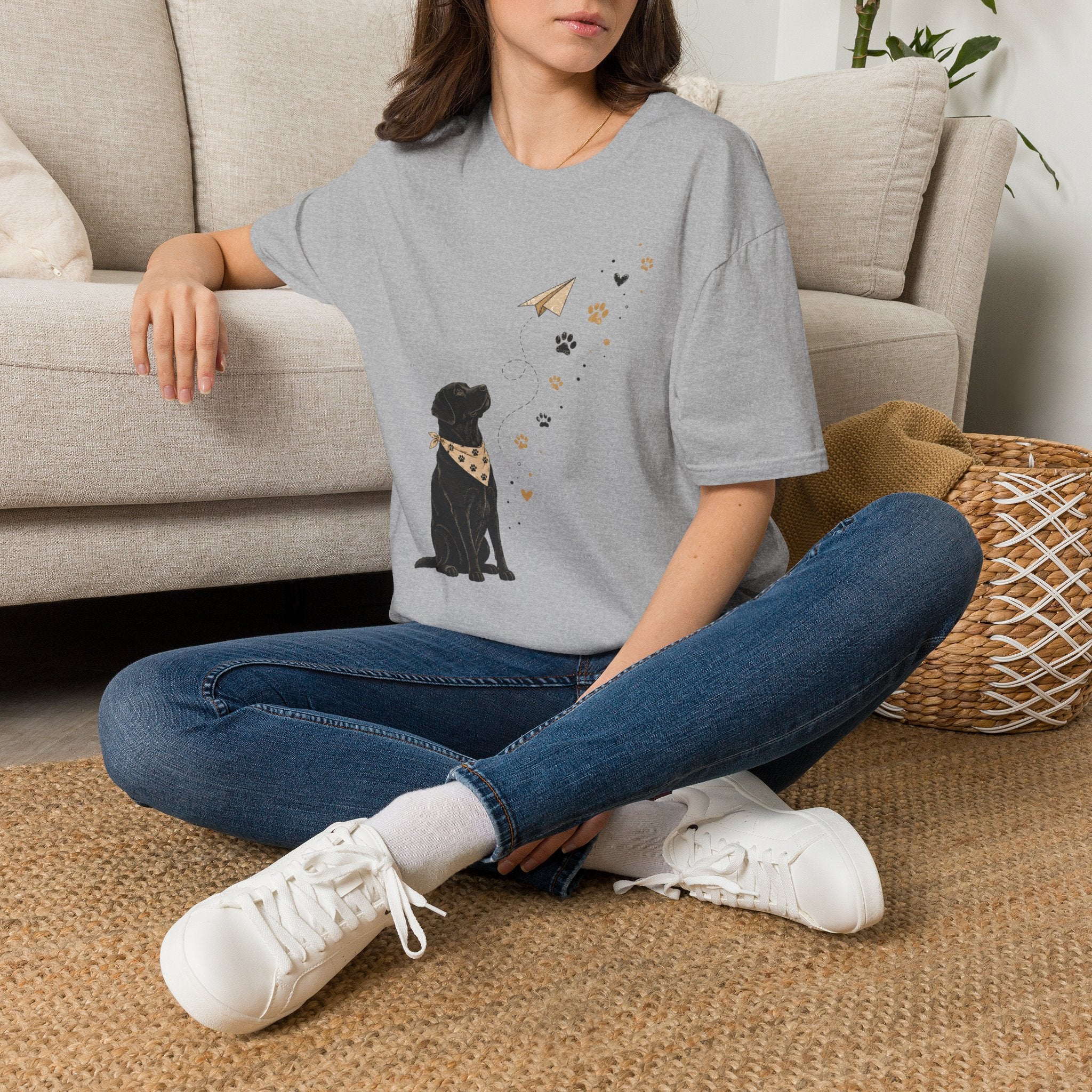 Dog Paw & Paper Airplane T-Shirt — Cute Black Dog Graphic Tee