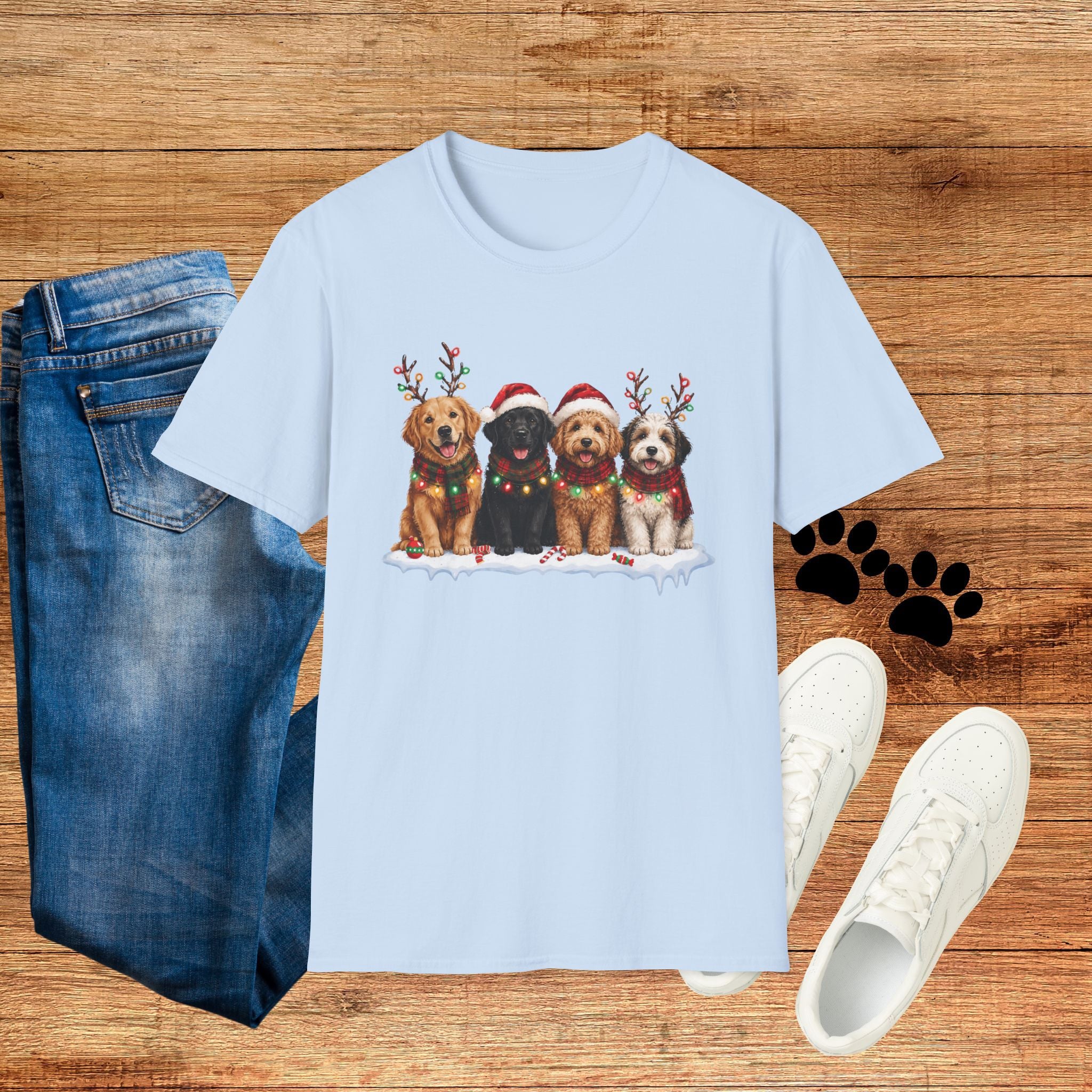 Christmas Dogs T-Shirt — Festive Puppies with Santa Hats & Reindeer Antlers