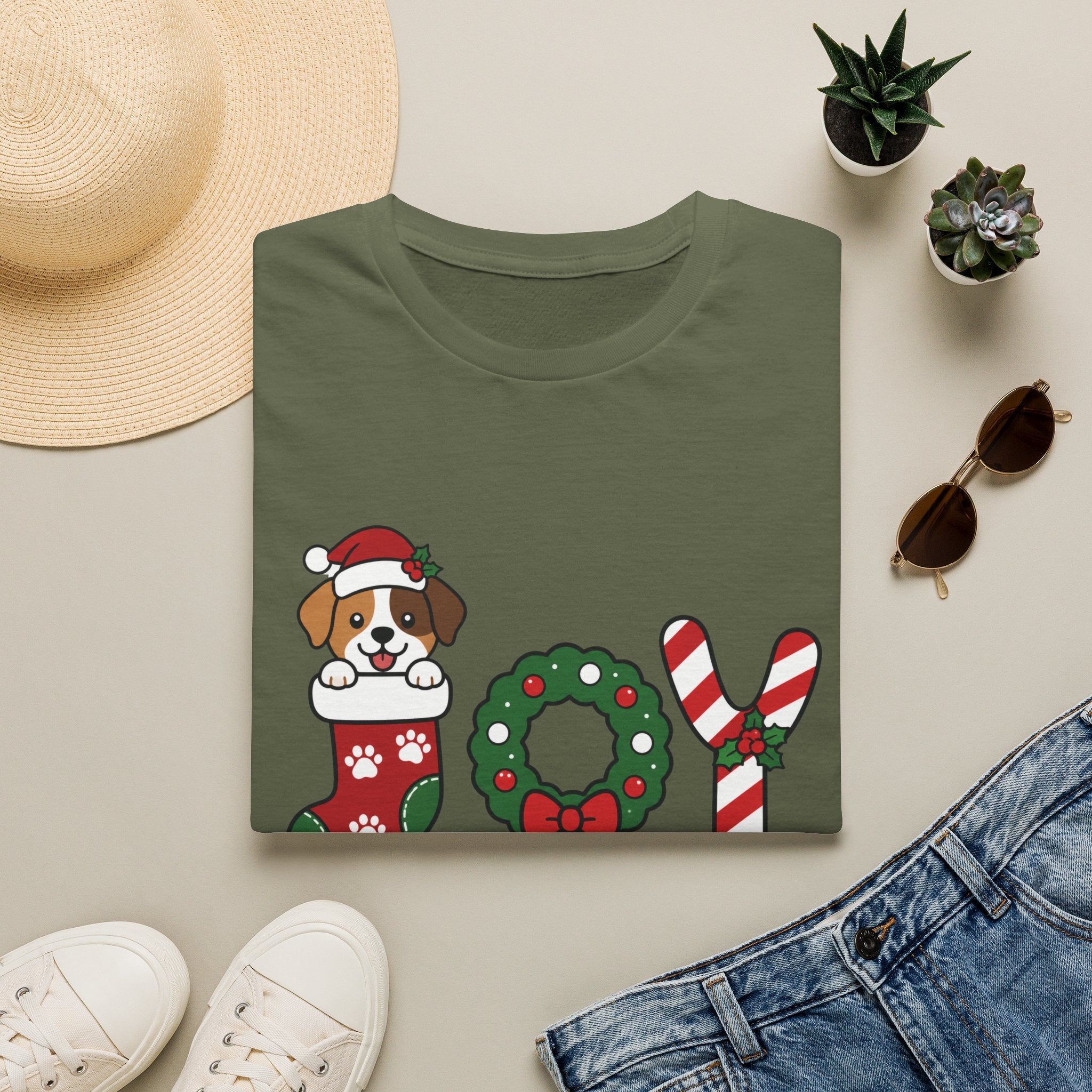 Christmas Joy Dog T-Shirt — Cute Puppy in Stocking & Candy Cane Holiday Tee