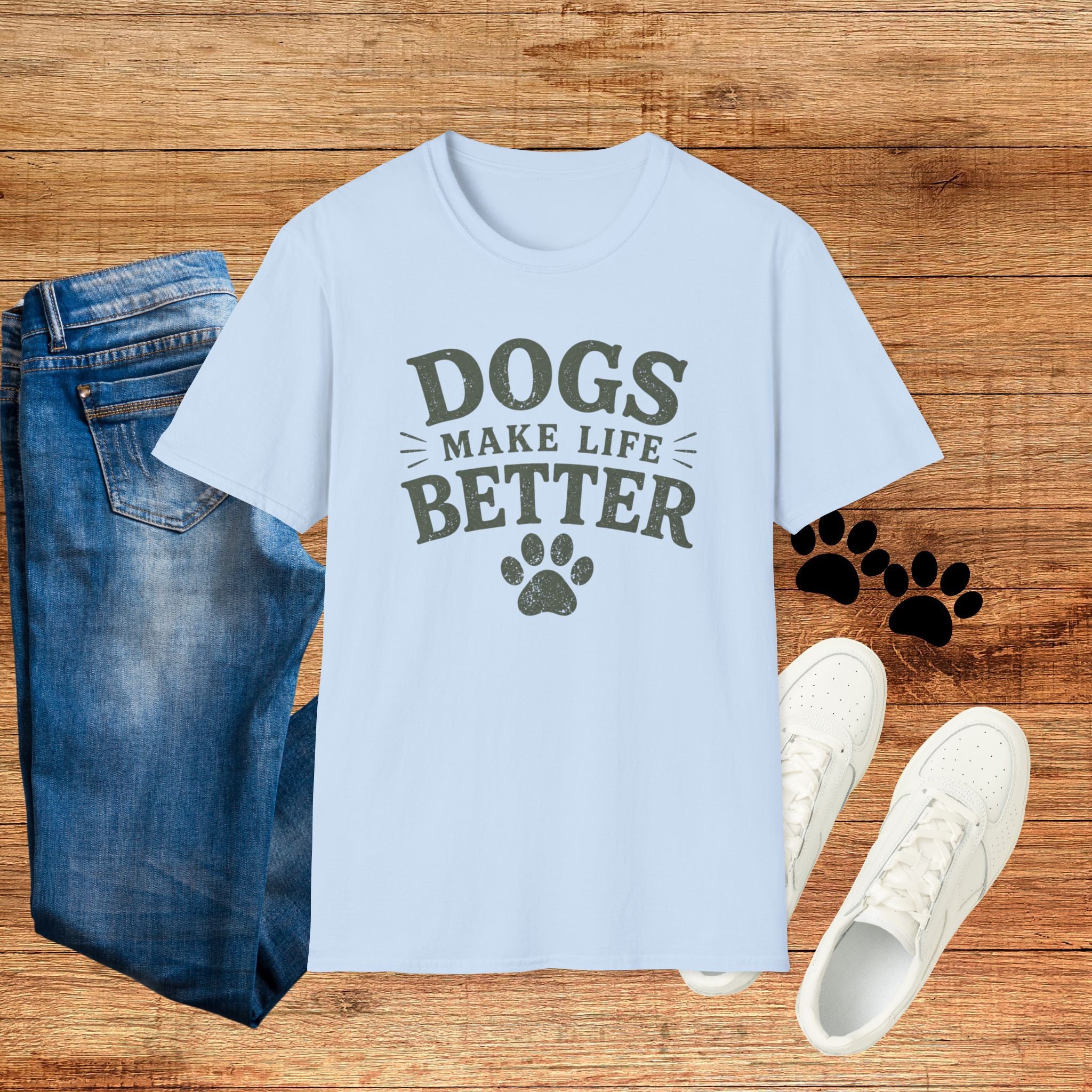 Dogs Make Life Better T-Shirt — Paw Print Dog Lover Tee