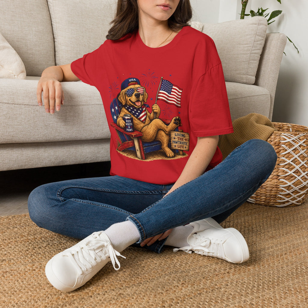Patriotic Golden Retriever T-Shirt — USA Flag, Sunglasses & Fireworks