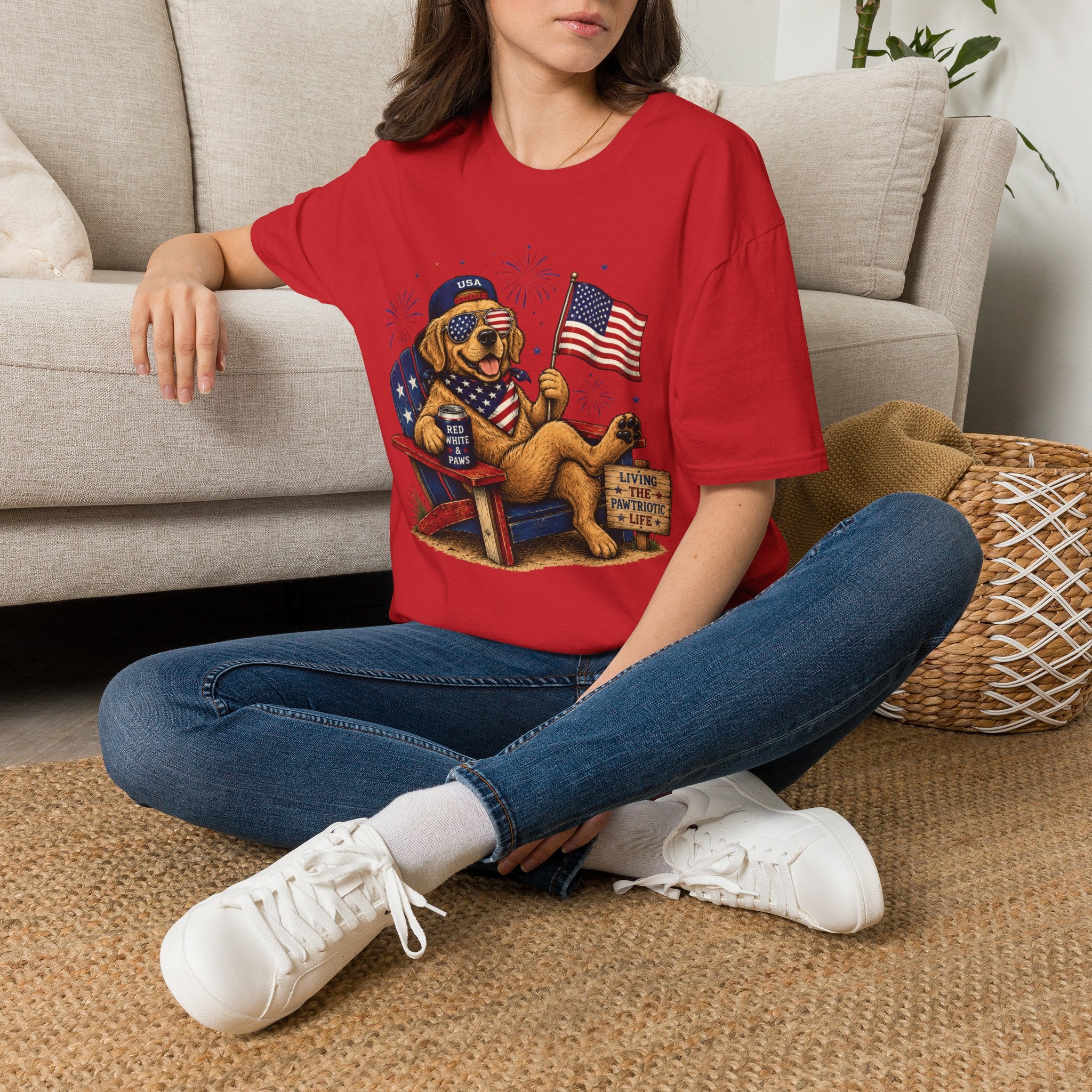 Patriotic Golden Retriever T-Shirt — USA Flag, Sunglasses & Fireworks